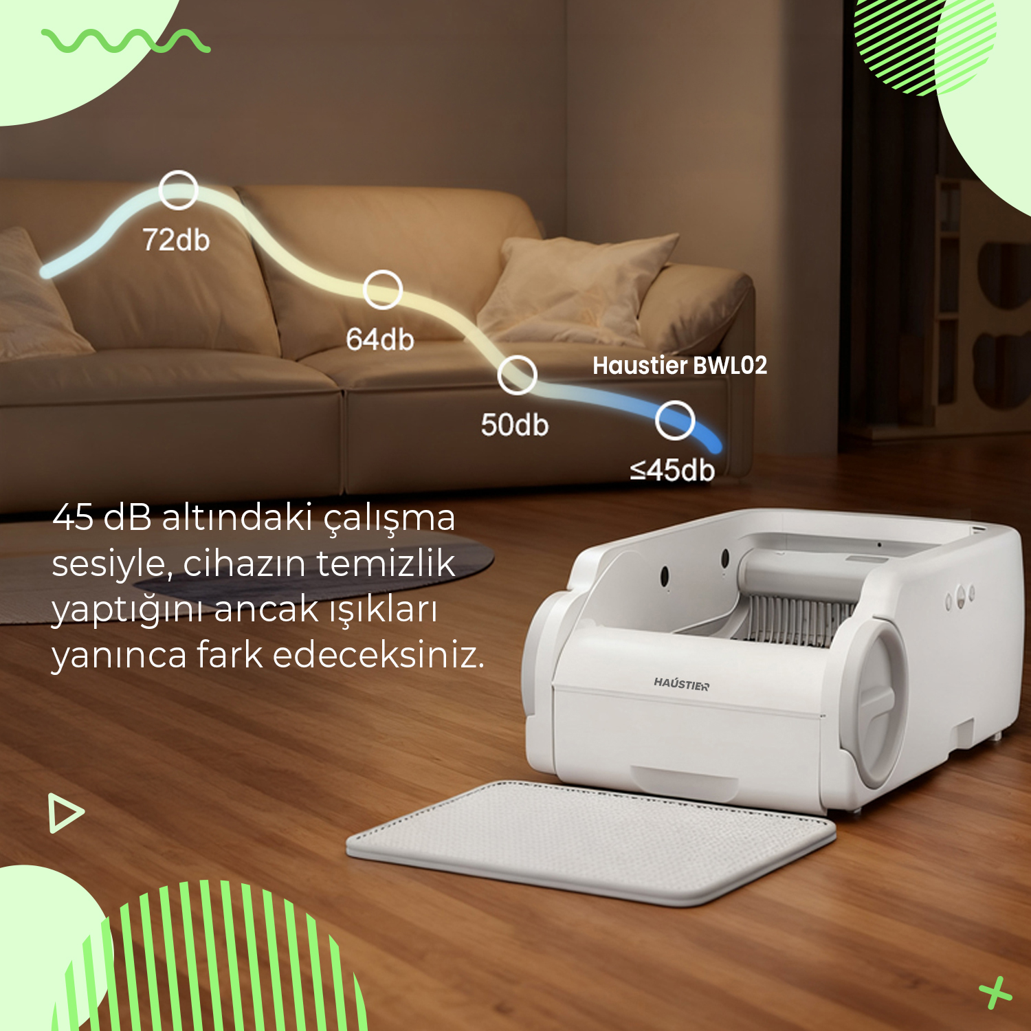 Beyaz bir kedi tuvalet temizleyici, kanepe yanında ahşap zeminde duruyor. Ses seviyesi grafiği 72db'den ≤45db'ye.