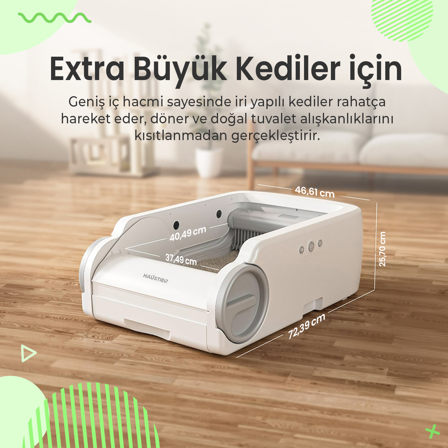 Boyutları olan büyük, beyaz otomatik kedi tuvaleti.