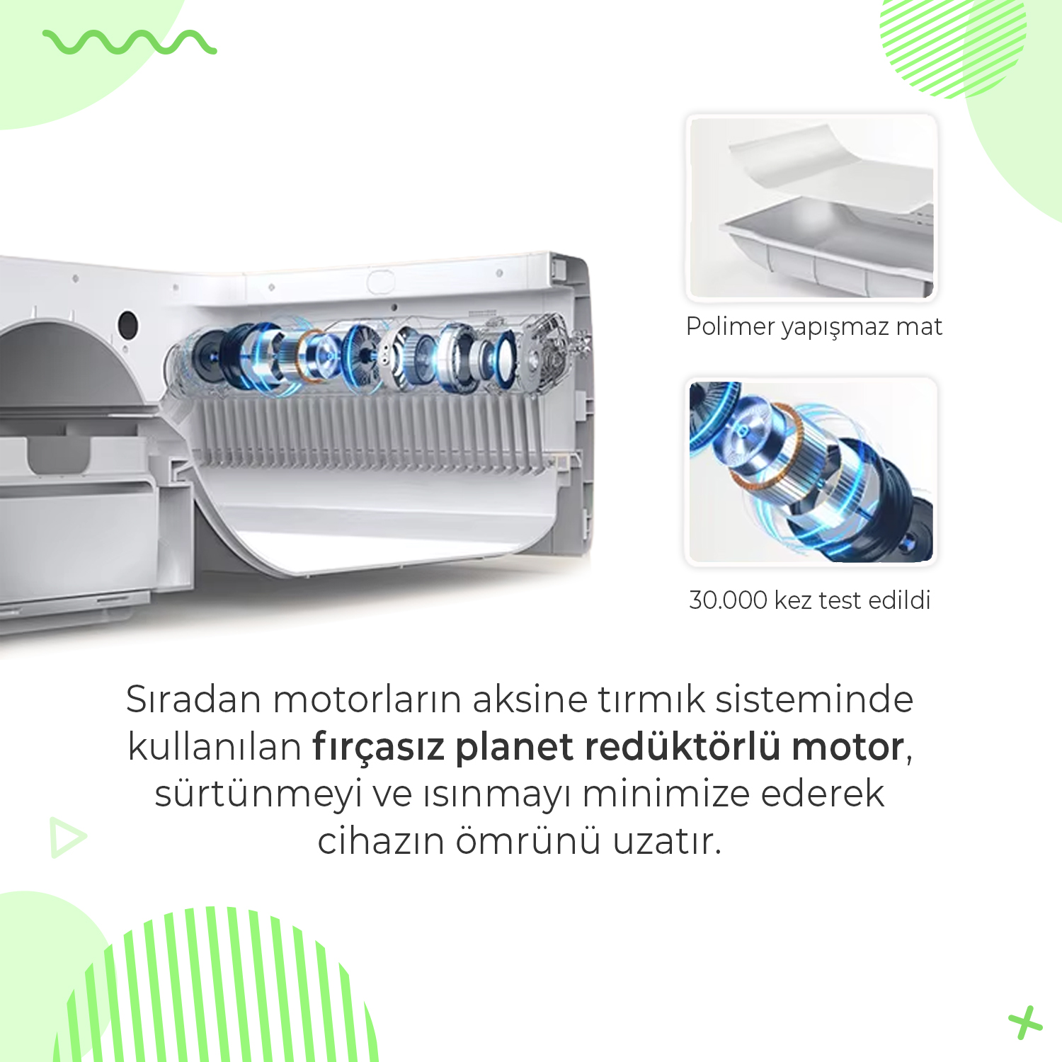 Fırçasız planet dişli motor sistemine sahip cihazın iç görünümü.