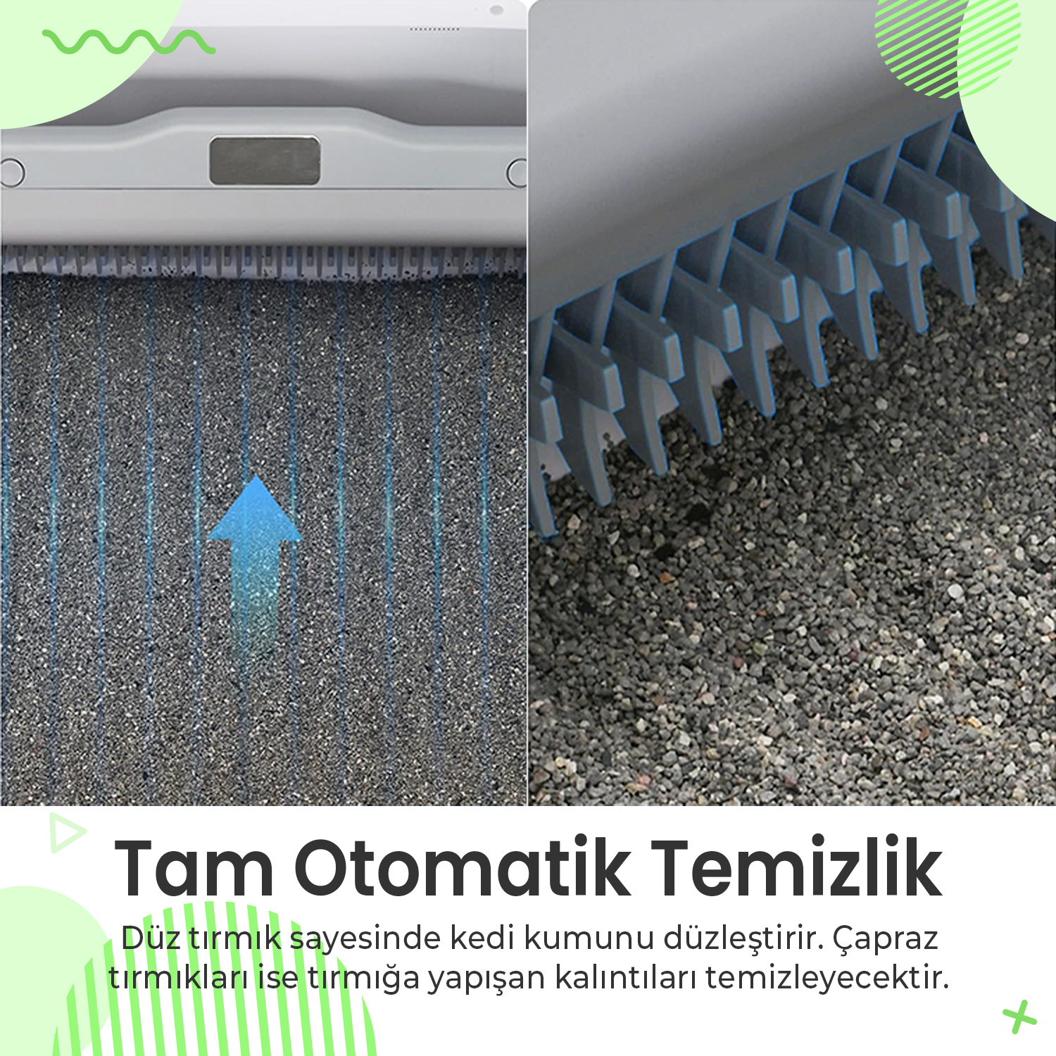 Kedi kumunun tırmıkla düzeltildiği otomatik temizlik mekanizmasının yakın çekimi.