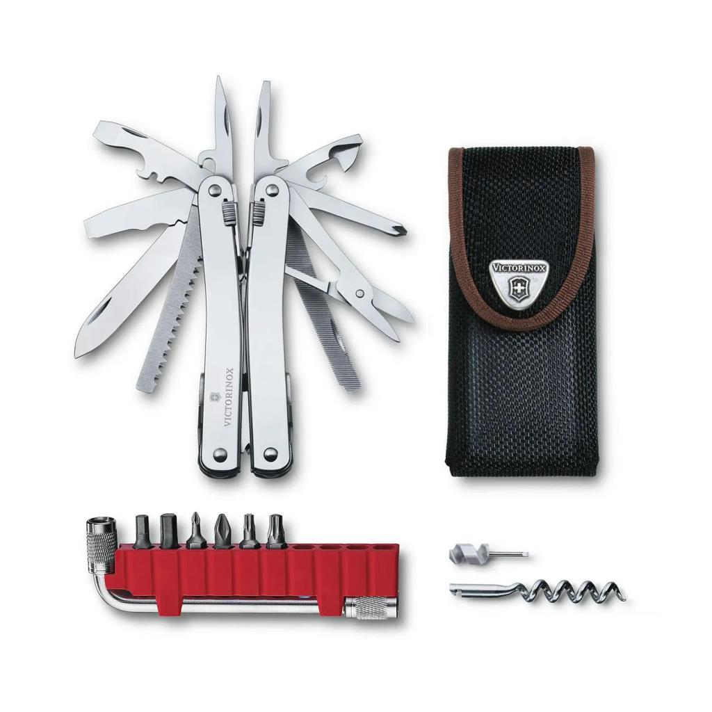 Açık bıçaklı Victorinox çok amaçlı alet, kılıf, uçlar ve tirbüşon beyaz zeminde.