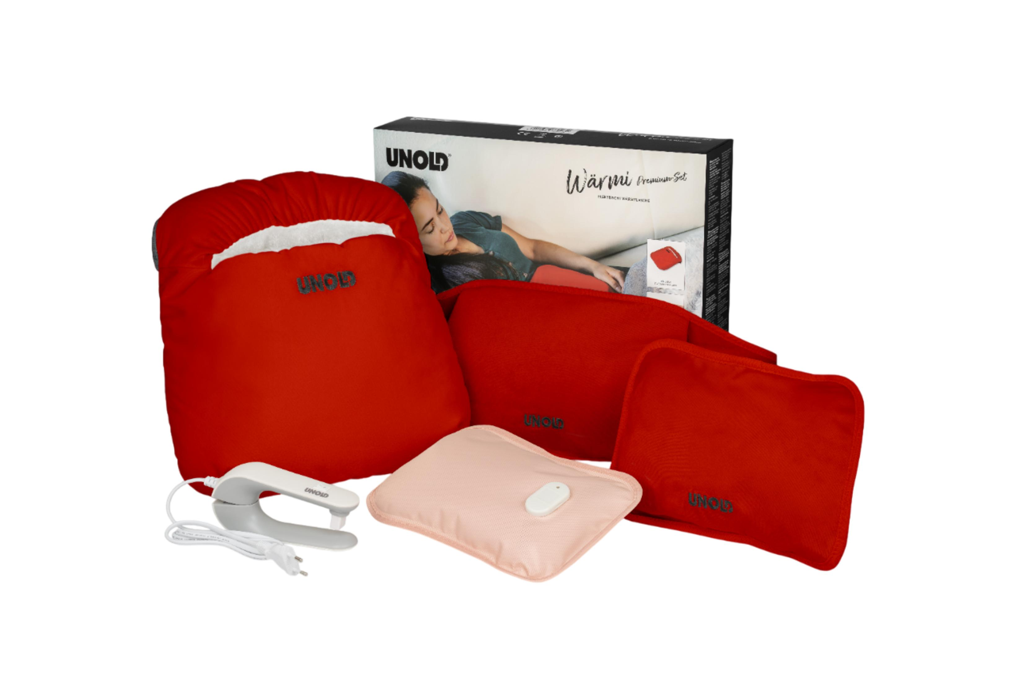 Rotes Wärmekissen-Set mit Ladegerät und Verpackung.