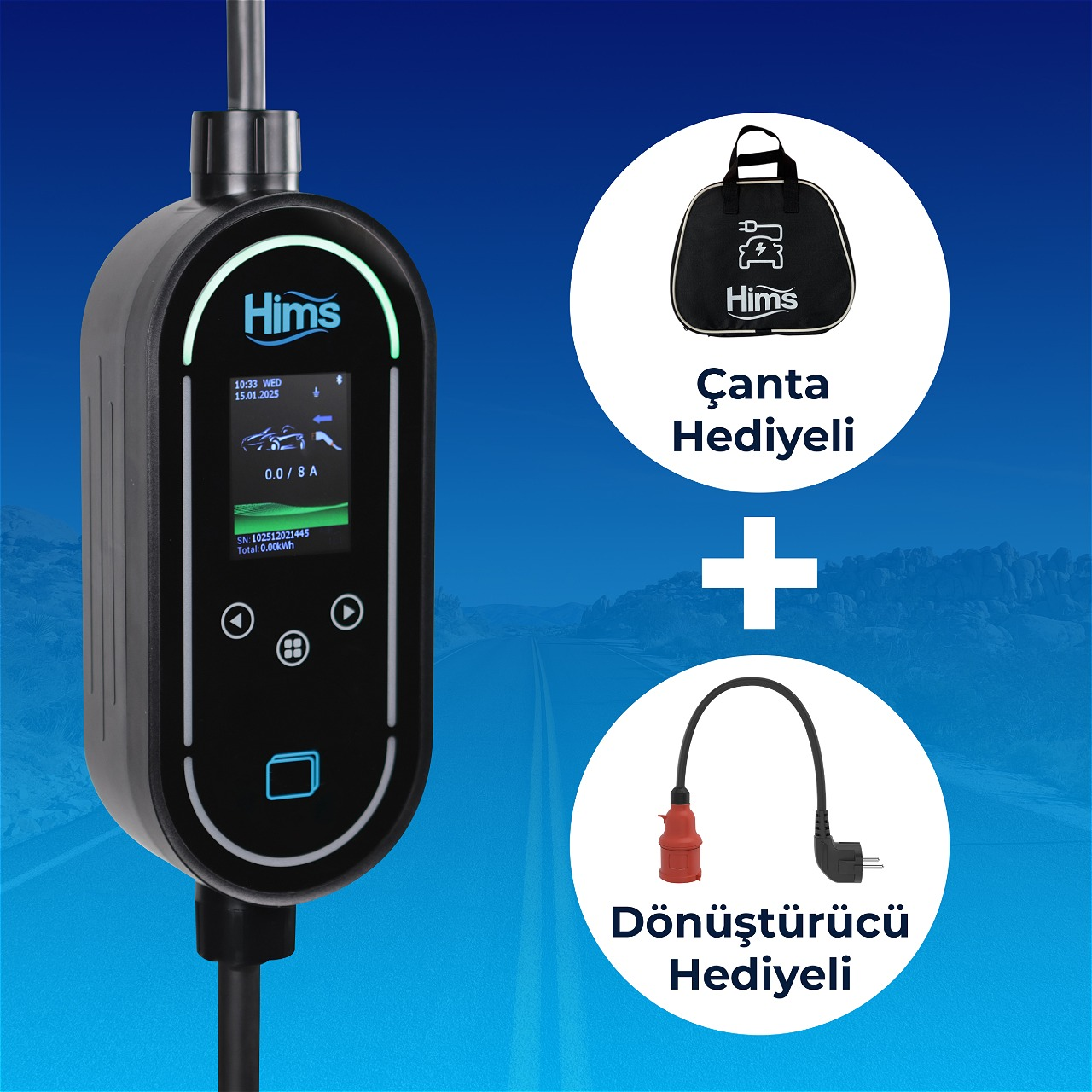Hims şarj cihazı çanta ve adaptör ile. Hims logosu siyah arka planda.