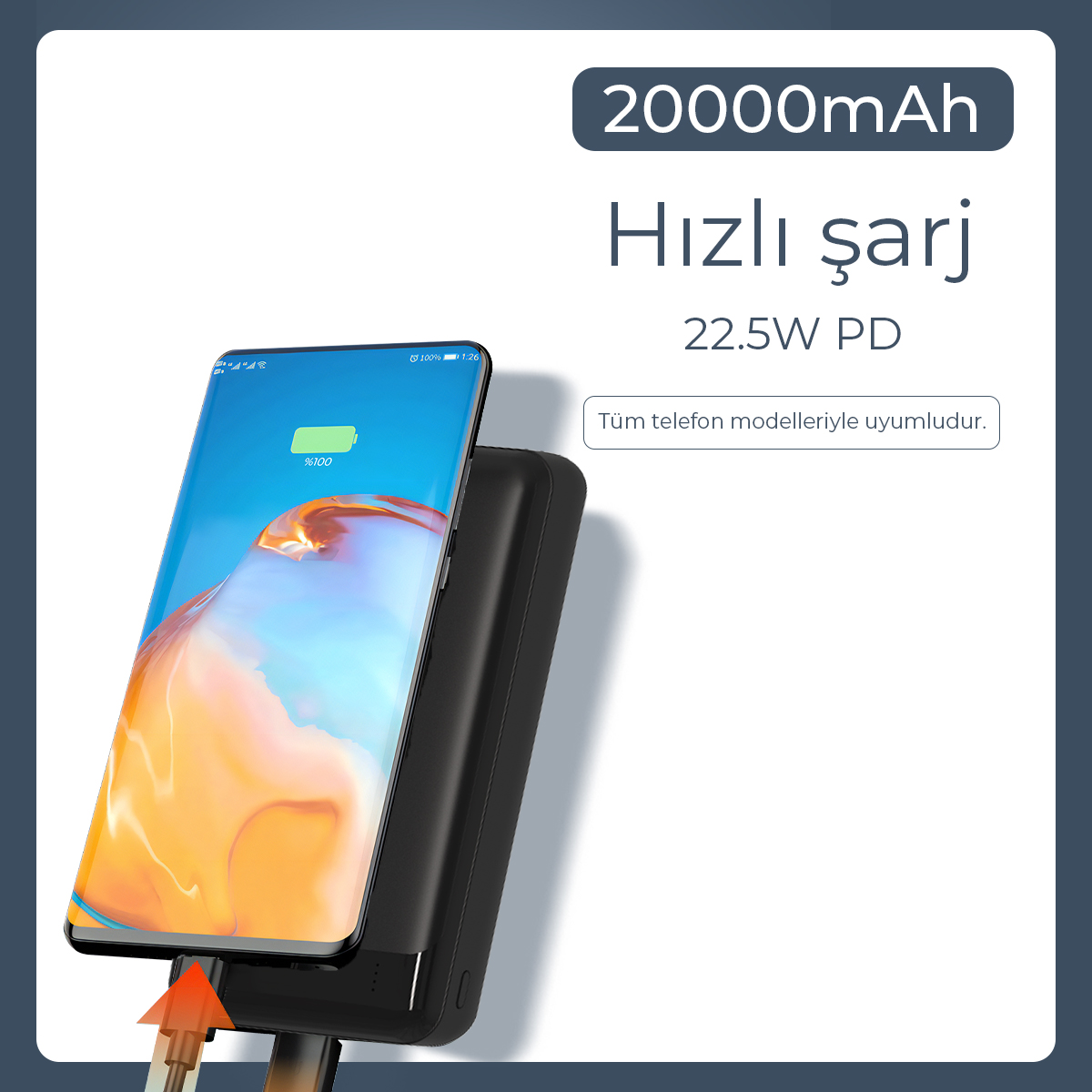 Siyah bir powerbank akıllı telefonu şarj ediyor. 20000mAh, 22.5W PD.