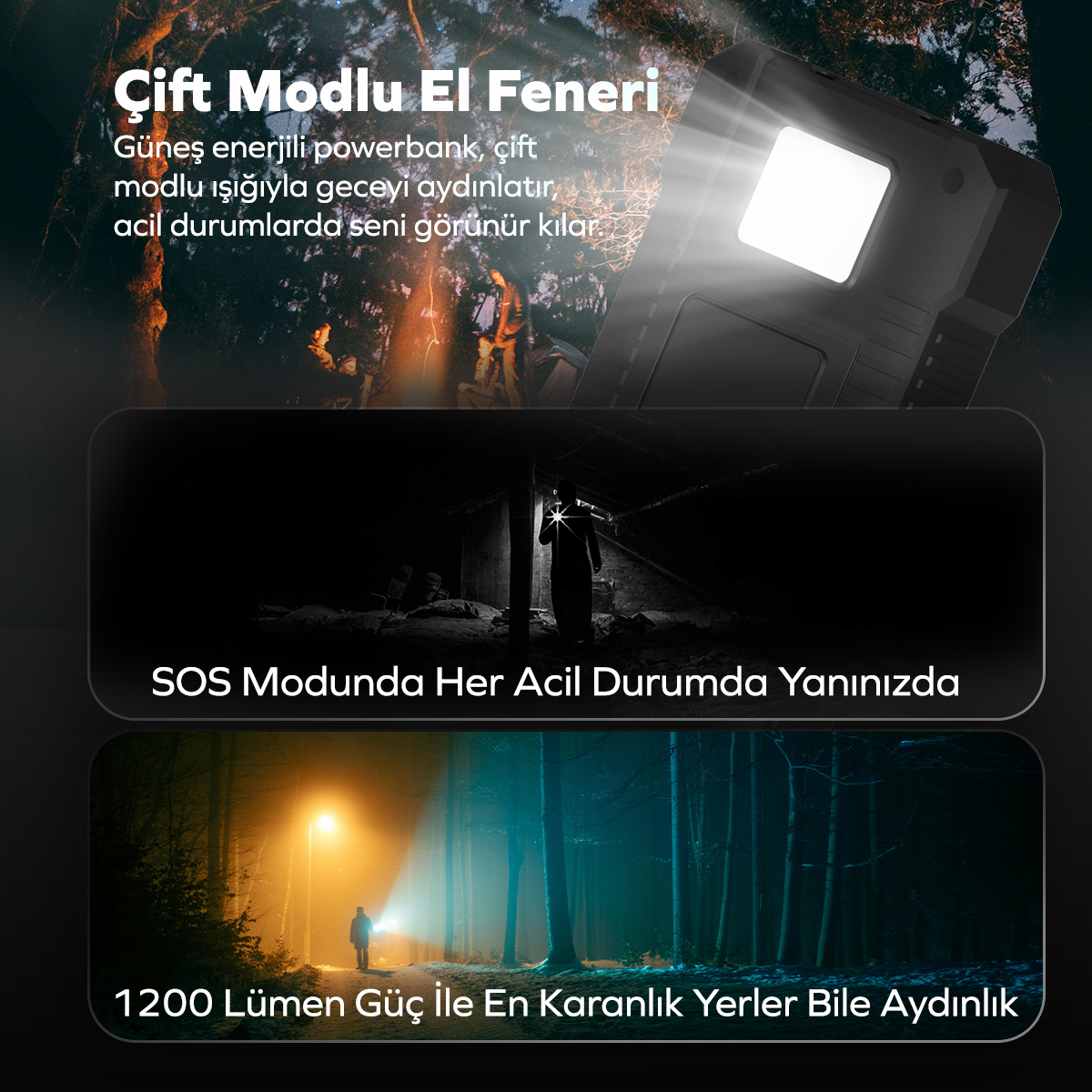 Çift modlu güneş enerjili powerbank, geceyi aydınlatır ve acil durumlarda görünür kılar.