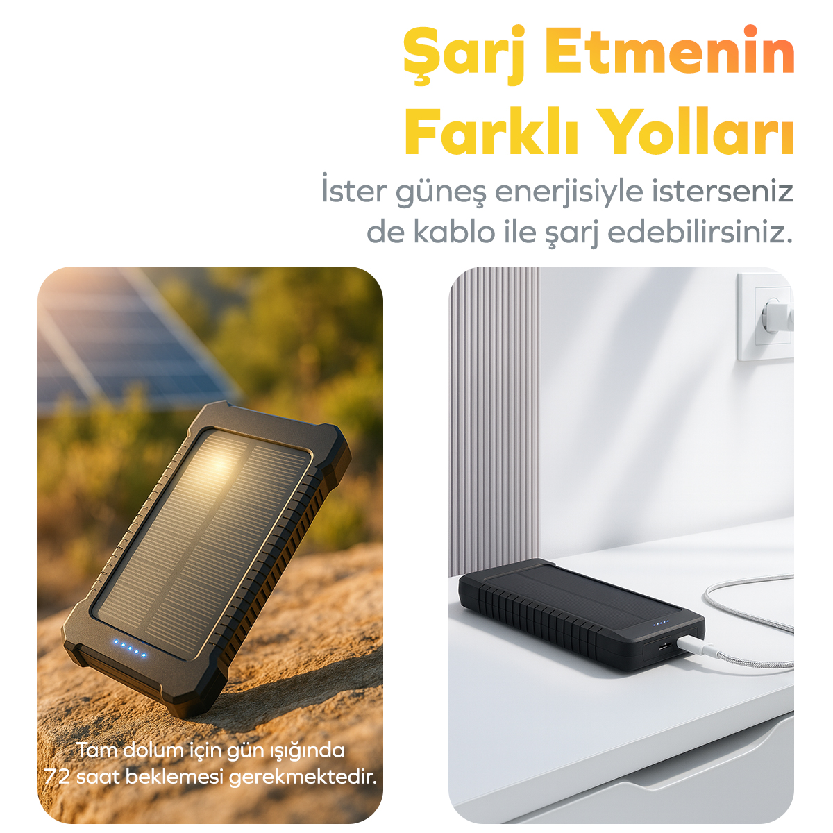 Siyah güneş enerjili şarj cihazı bir taşın üzerinde ve kablolu bir masada.