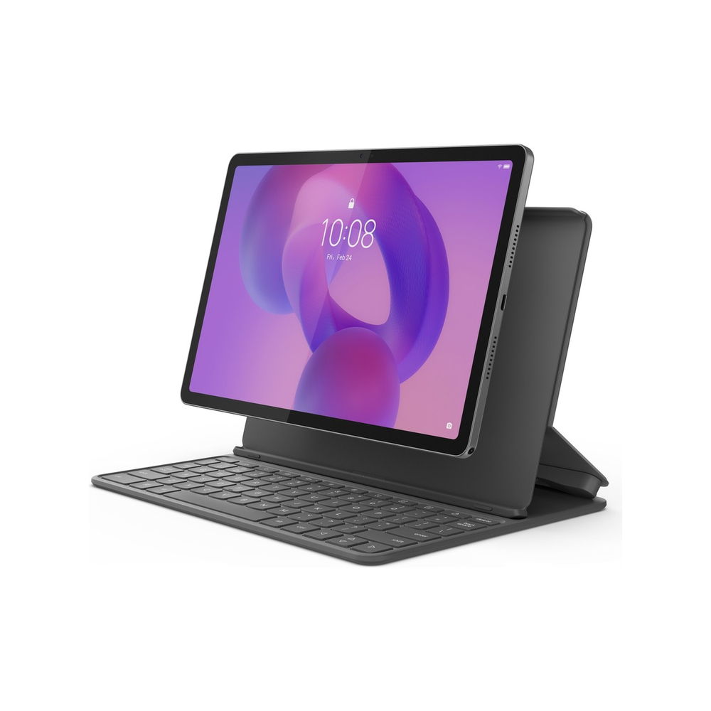 Beyaz arka plan üzerinde klavyeli ve stantlı gri tablet.