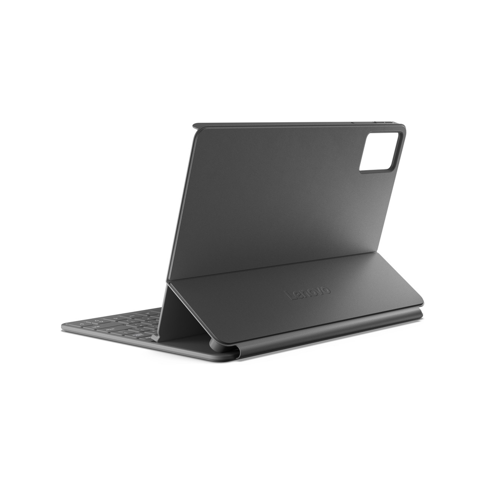 Klavye ile gri Lenovo tablet kılıfı, beyaz zeminde dik duruyor.