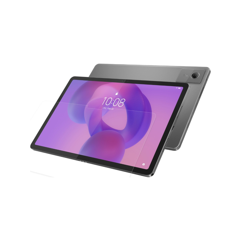 10:08 saatini gösteren mor duvar kağıtlı gri tablet.