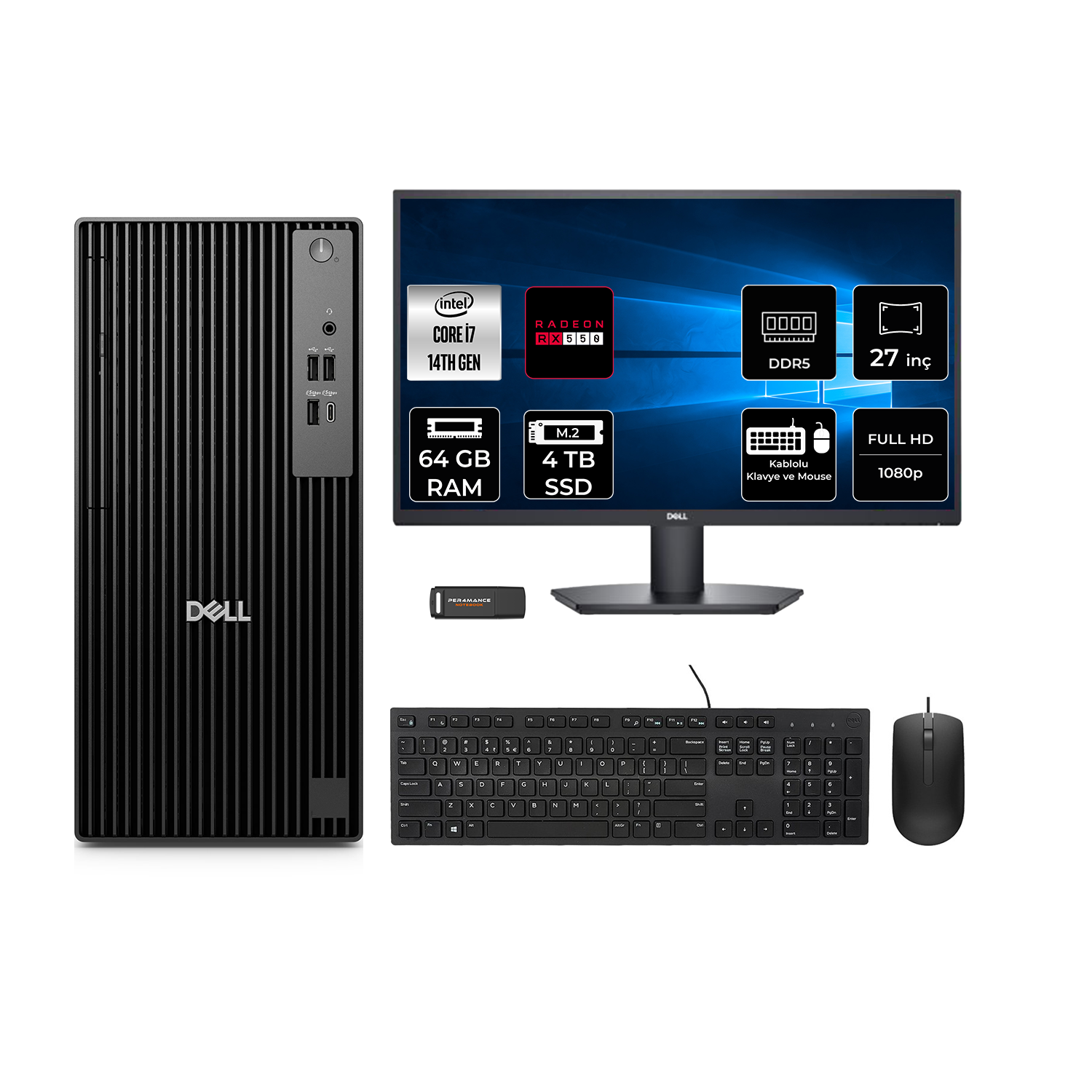 Siyah Dell PC, monitör, klavye ve fare. Özellikler monitörde gösteriliyor.