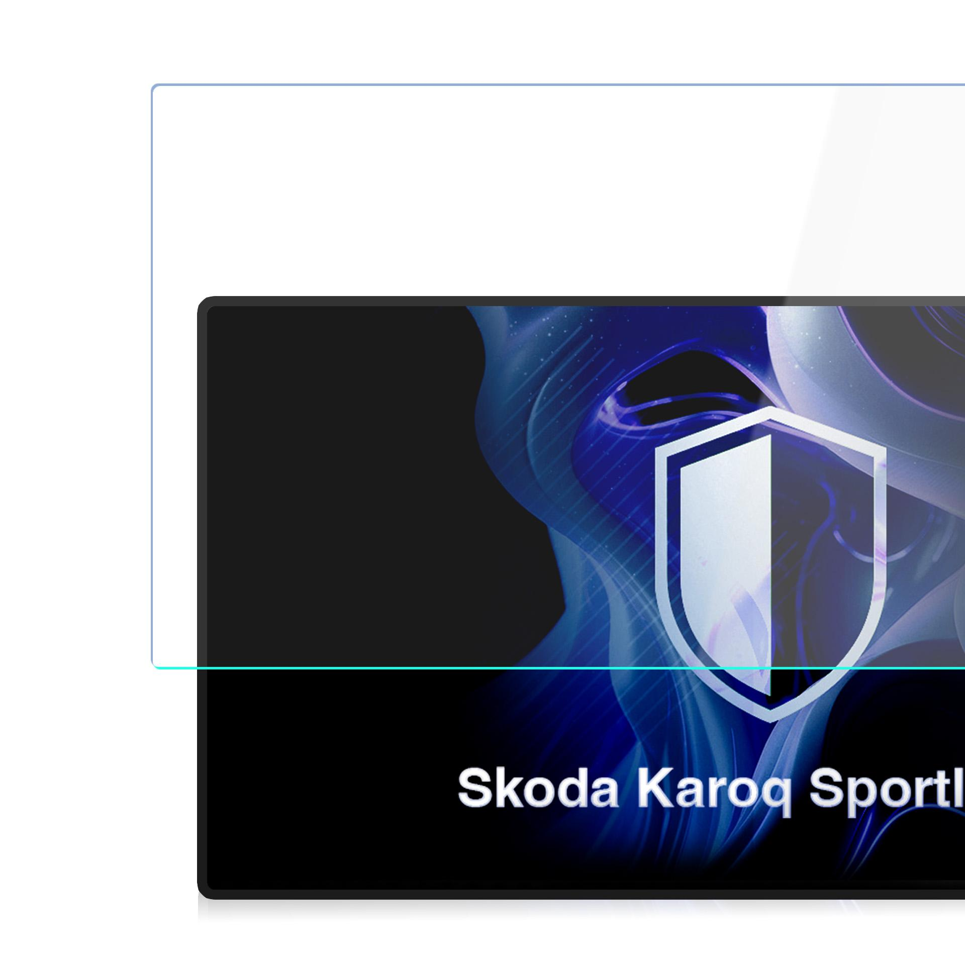 Folia ochronna na ekran z logo Skoda Karoq Sportline i niebieskim tłem.