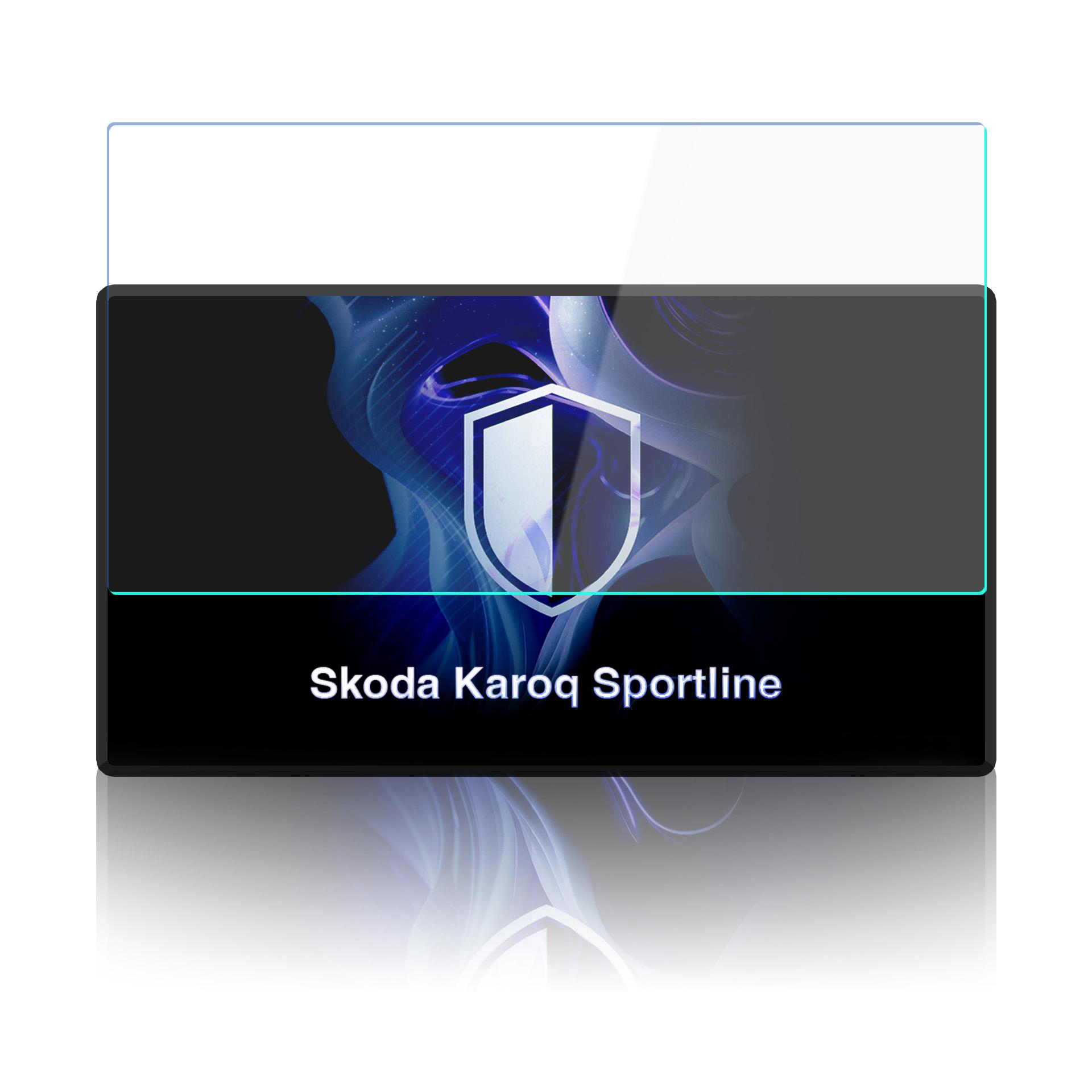 Szklany ekran z logo Skoda Karoq Sportline i niebieskim dymem.