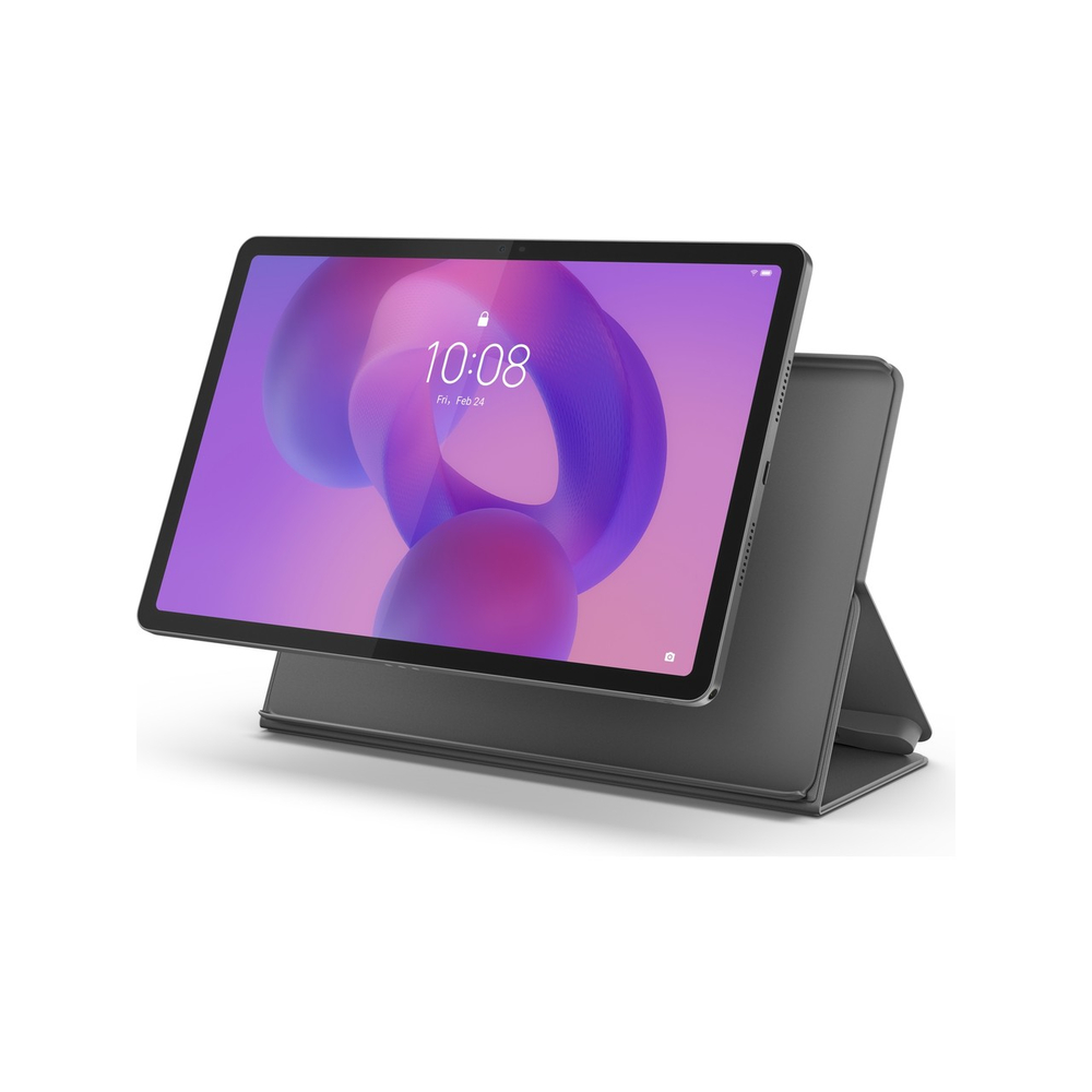 Koyu gri bir tablet stant üzerinde, mor ve pembe soyut duvar kağıdında 10:08 gösteriyor.