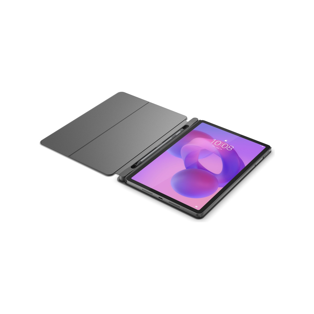 Beyaz arka planda kalem ve klavyeli kılıfı olan gri tablet.