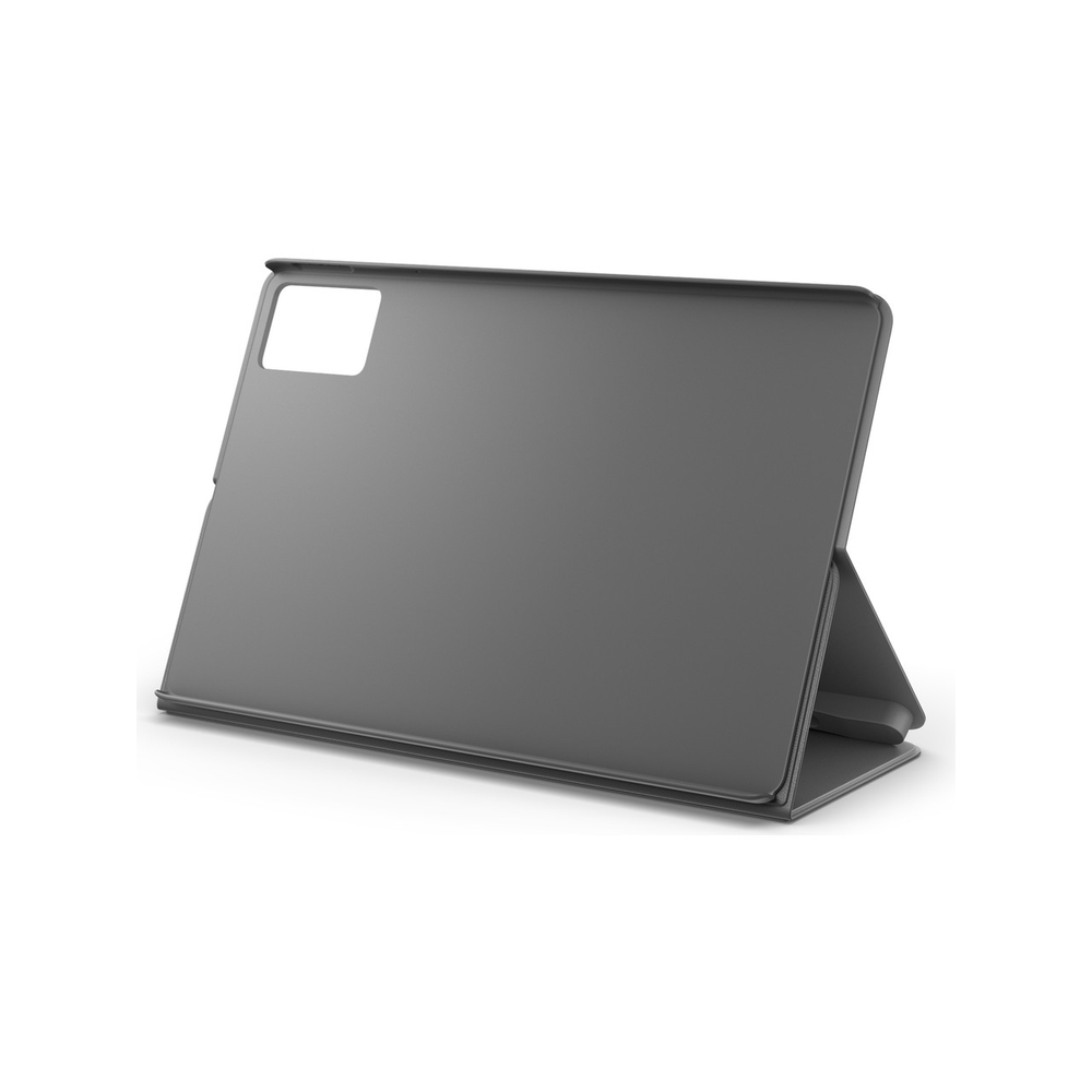 Arkadan destekli gri tablet standı, beyaz arka plan üzerinde.