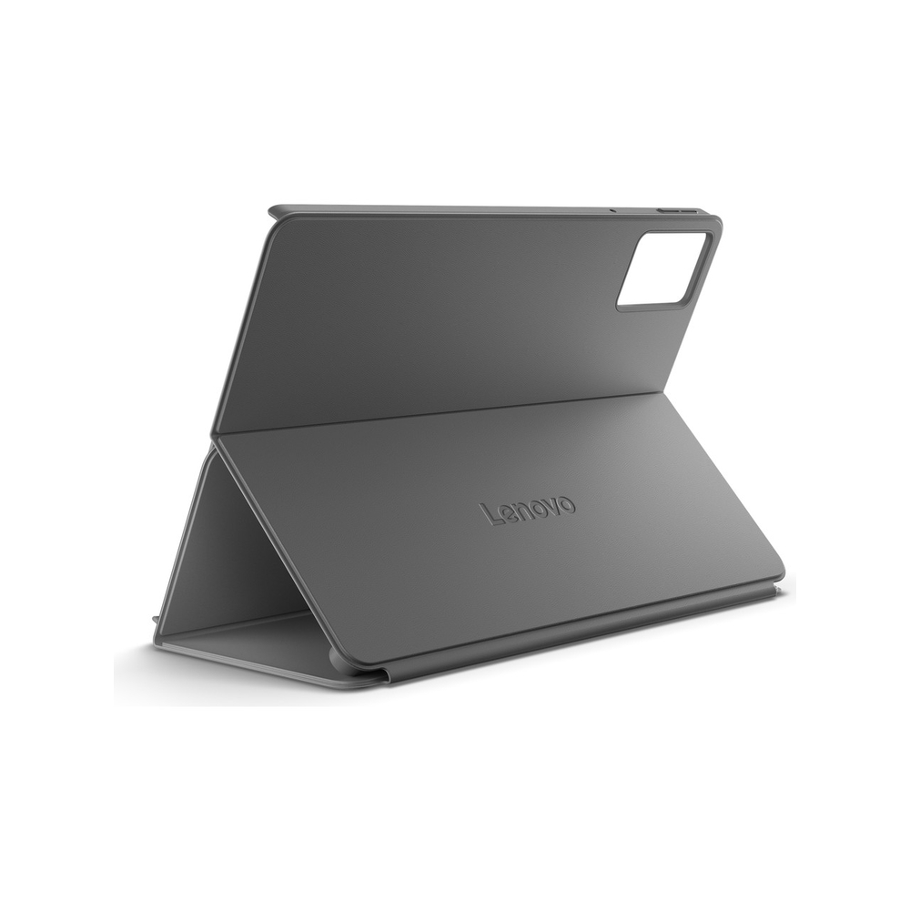 Kamera kesimli dik duruşlu gri Lenovo tablet kılıfı.