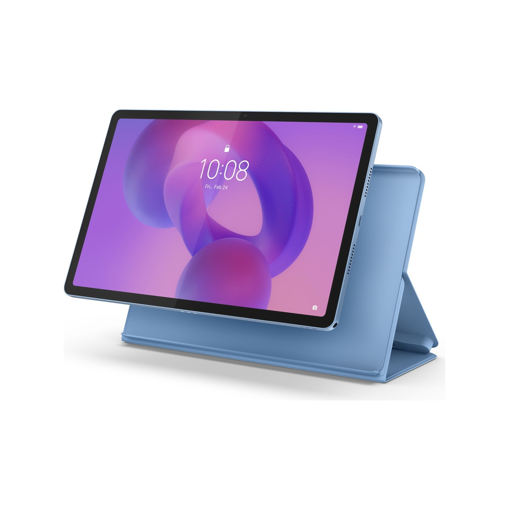 Renkli arka plana sahip mavi tablet mavi stant üzerinde duruyor.
