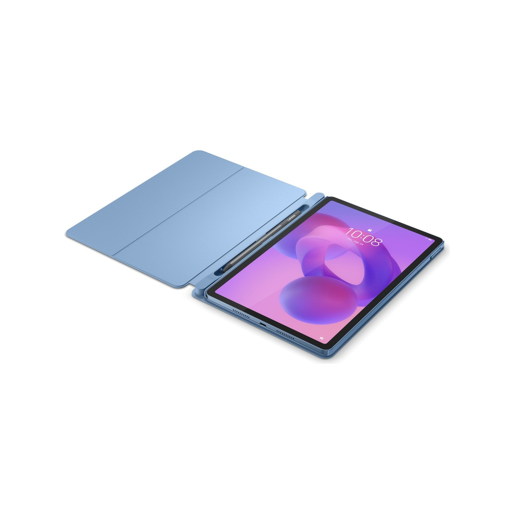 Beyaz zeminde kalem ve açık kılıfı olan mavi tablet.