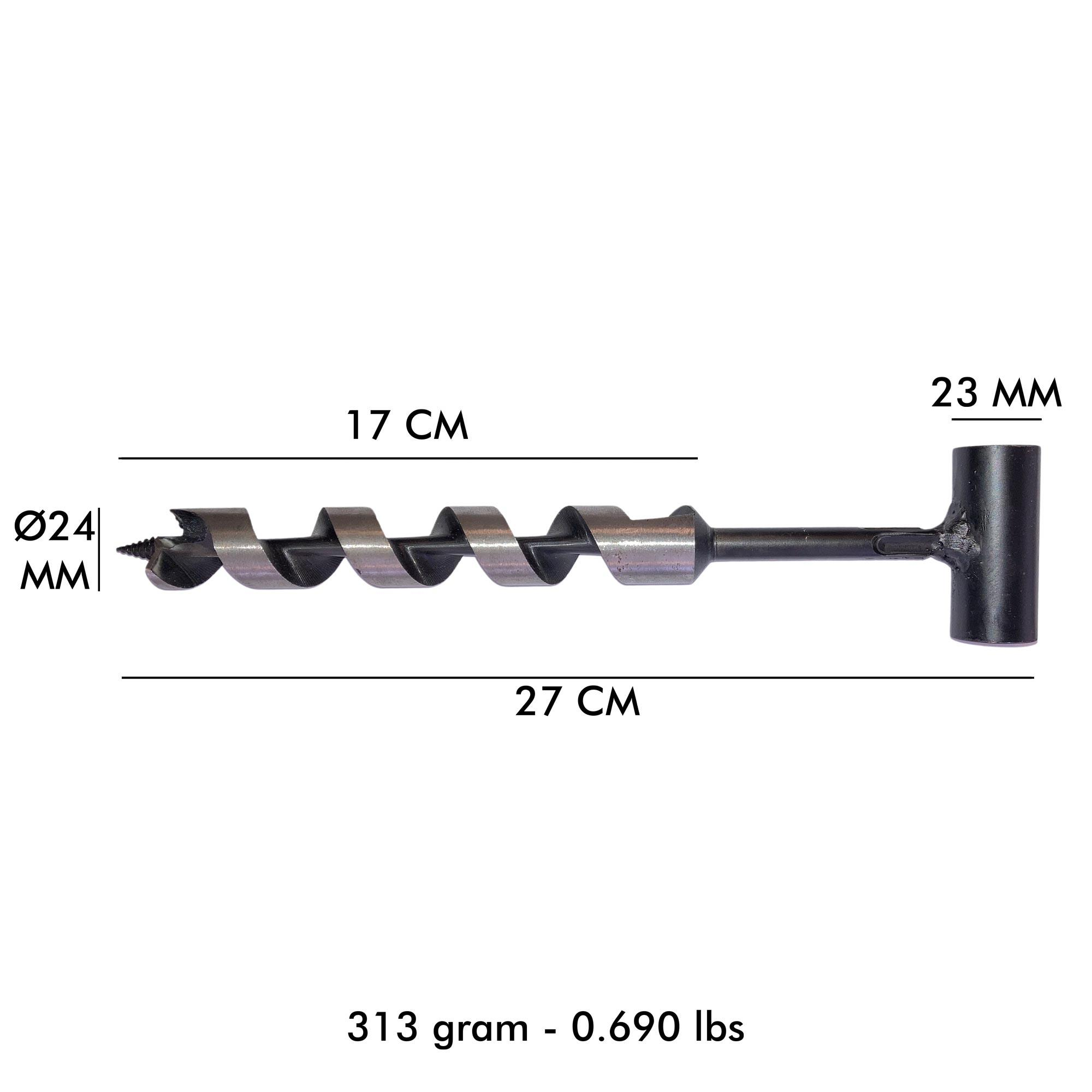 Bir matkap ucu, 24 mm çap, 17 cm spiral uzunluk, 27 cm toplam uzunluk.