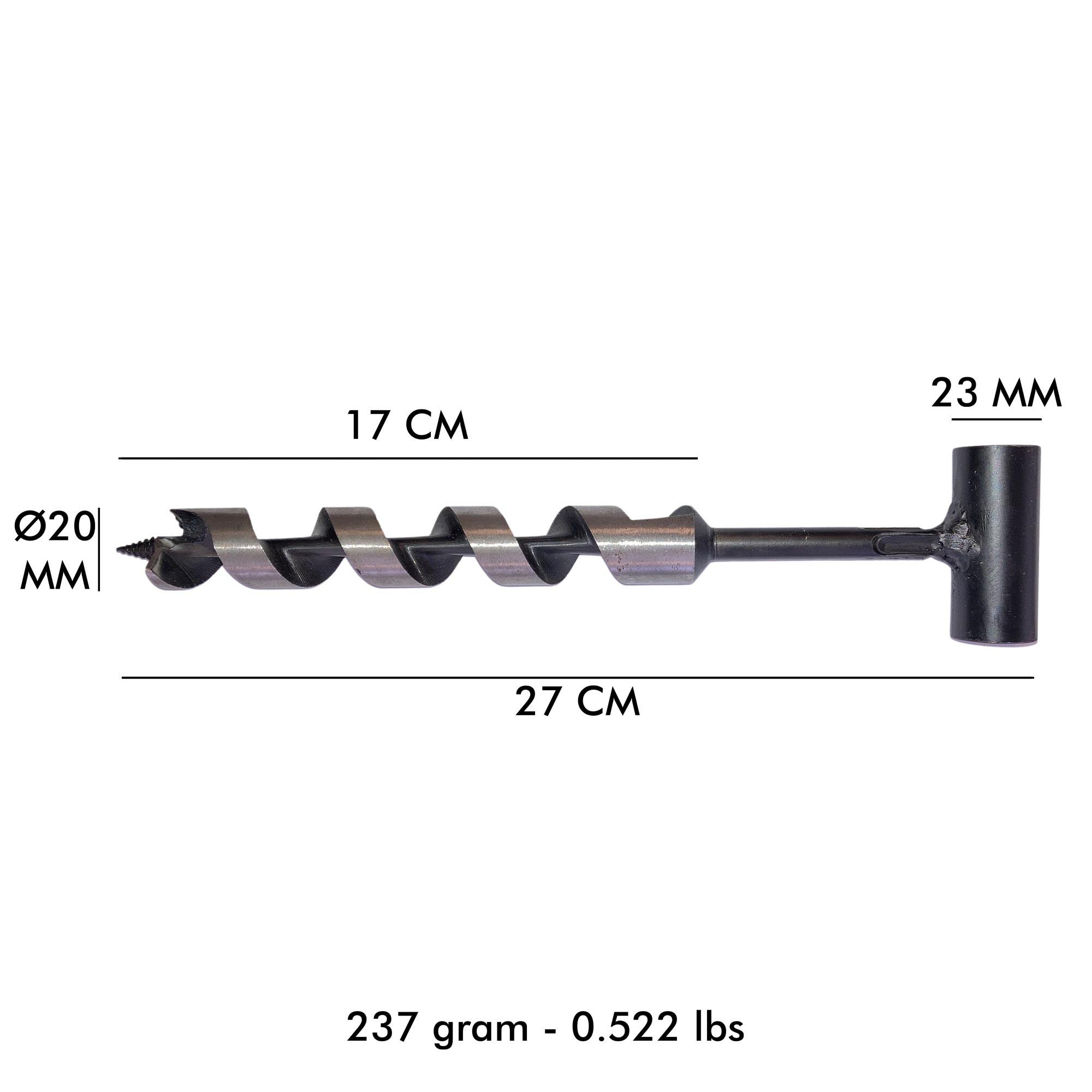 Ahşap burgu matkap ucu, 20 mm çap, 17 cm delme uzunluğu, 27 cm toplam uzunluk.
