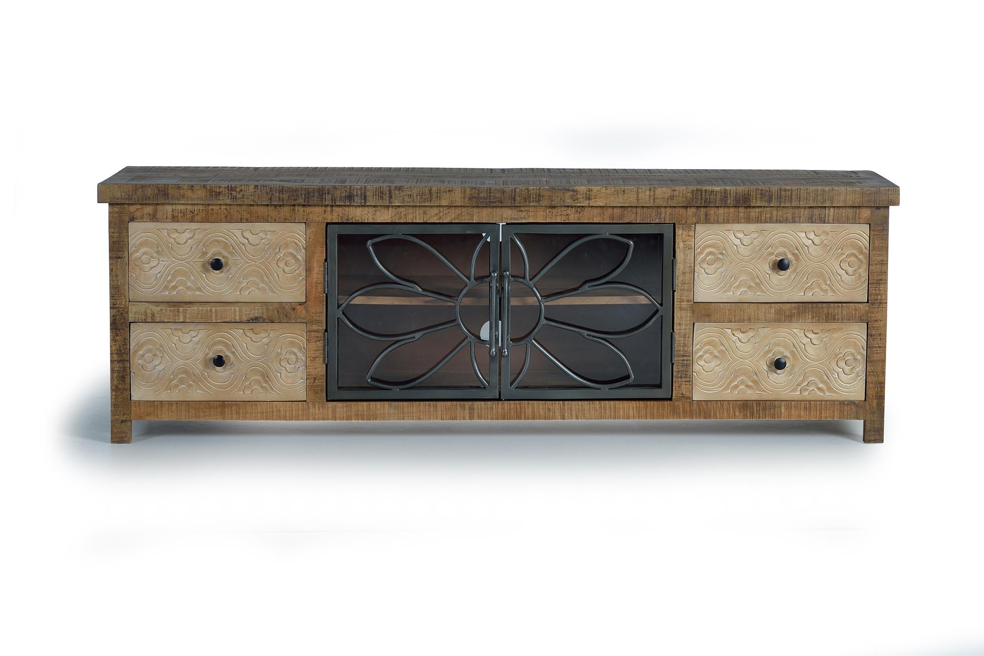 Un mueble de TV de madera con cuatro cajones y puertas de metal con diseño floral.