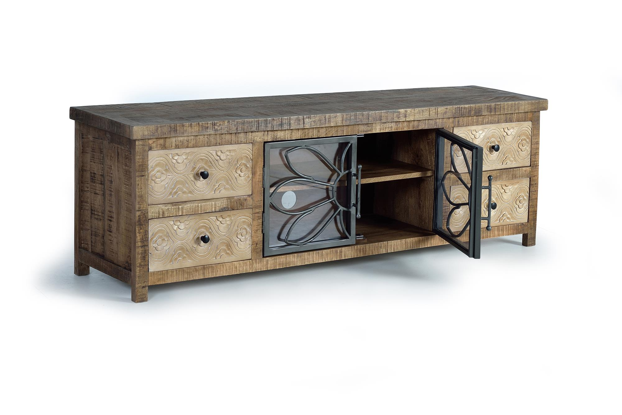 Mueble de TV de madera marrón con cajones y puerta de cristal floral.
