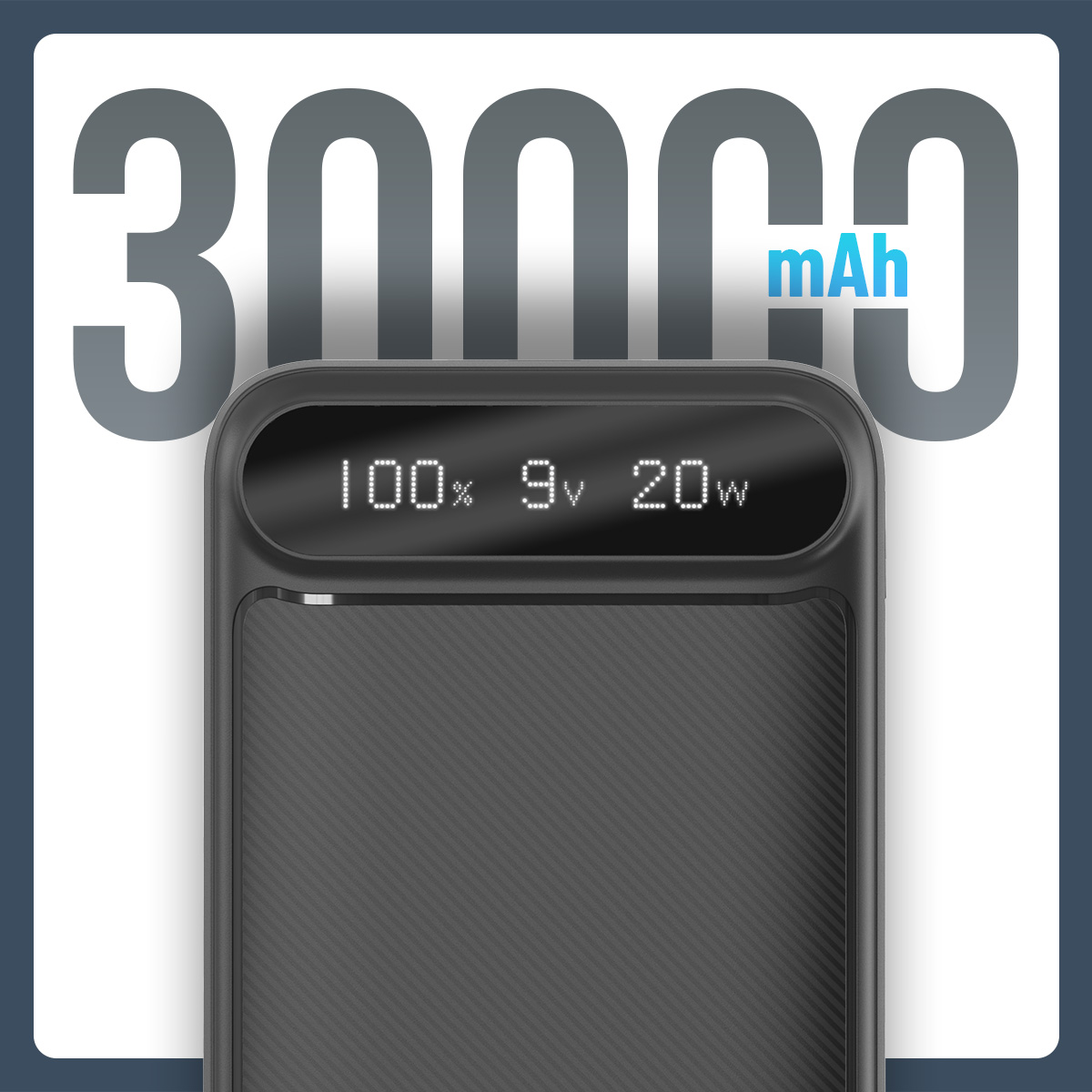 30000 mAh gri powerbank, %100 şarj, 9V, 20W gösteriyor.