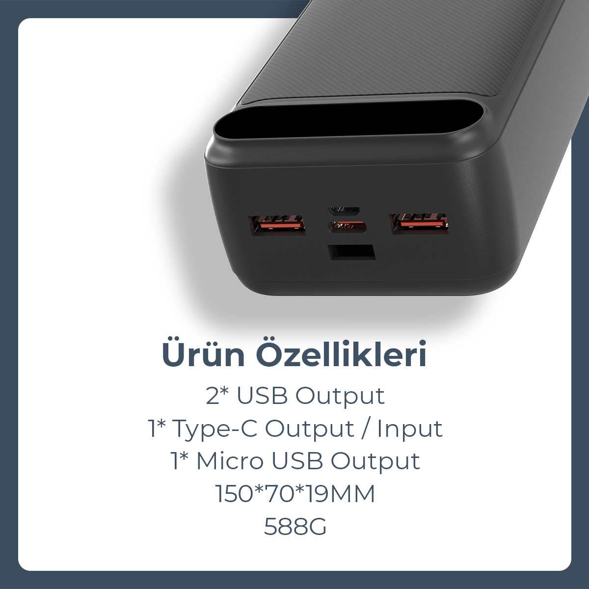 2 USB, 1 Type-C ve 1 Micro USB portlu siyah şarj cihazı.