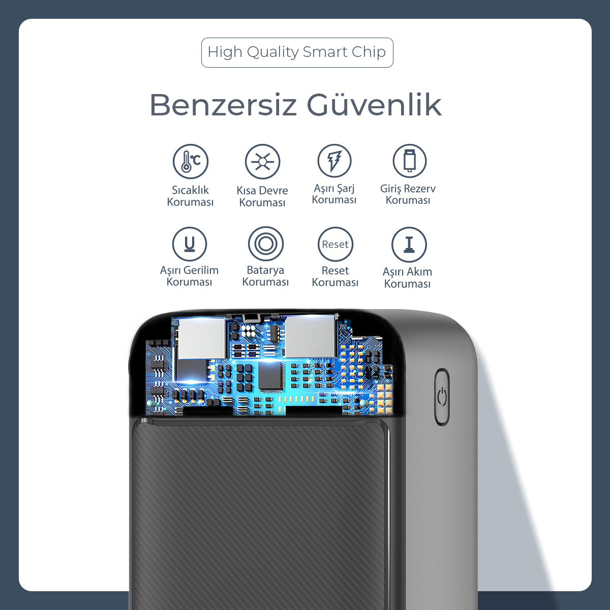"High Quality Smart Chip" ve güvenlik özelliklerine sahip bir powerbank.
