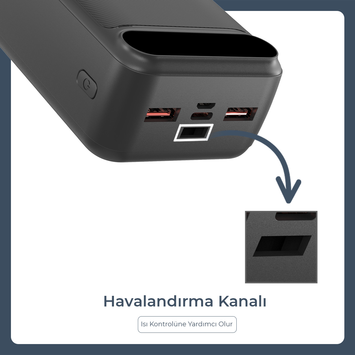 USB portları ve havalandırma kanalı olan siyah powerbank detayı.