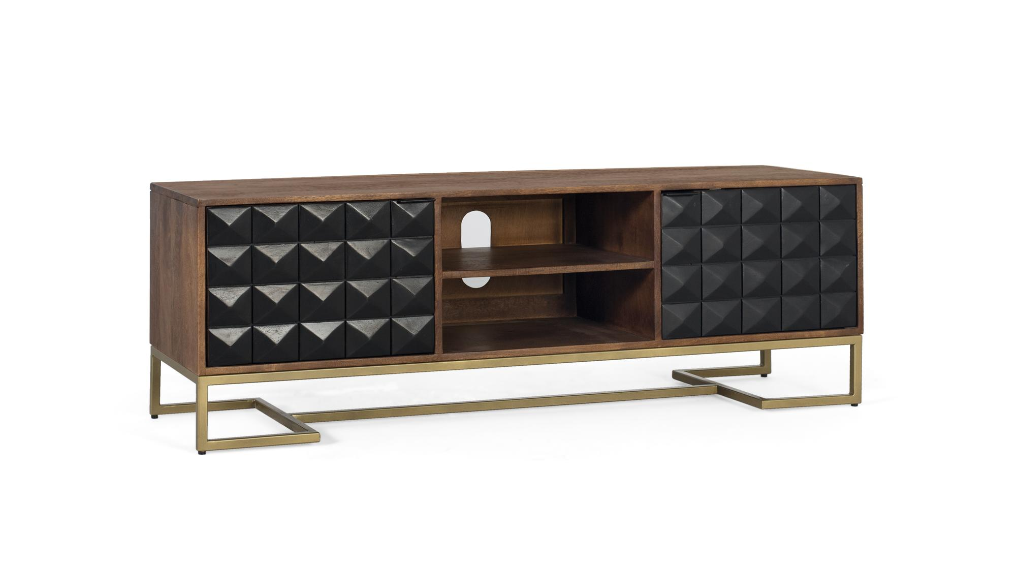 Mueble de madera marrón con puertas texturizadas piramidales negras y patas de latón.
