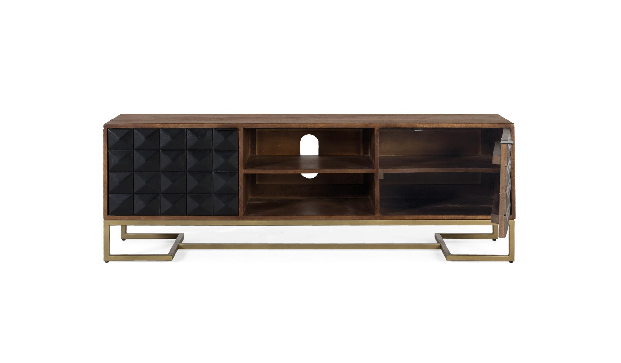 Mueble de madera marrón oscuro con frentes negros texturizados, estantes abiertos y patas doradas.
