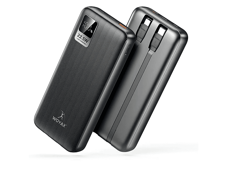 WOYAX Type-C ve Lightning iPhone Kablolu 22.5W Hızlı Led Ekranlı Taşınabilir Şarj 10000 mAh Powerbank Siyah