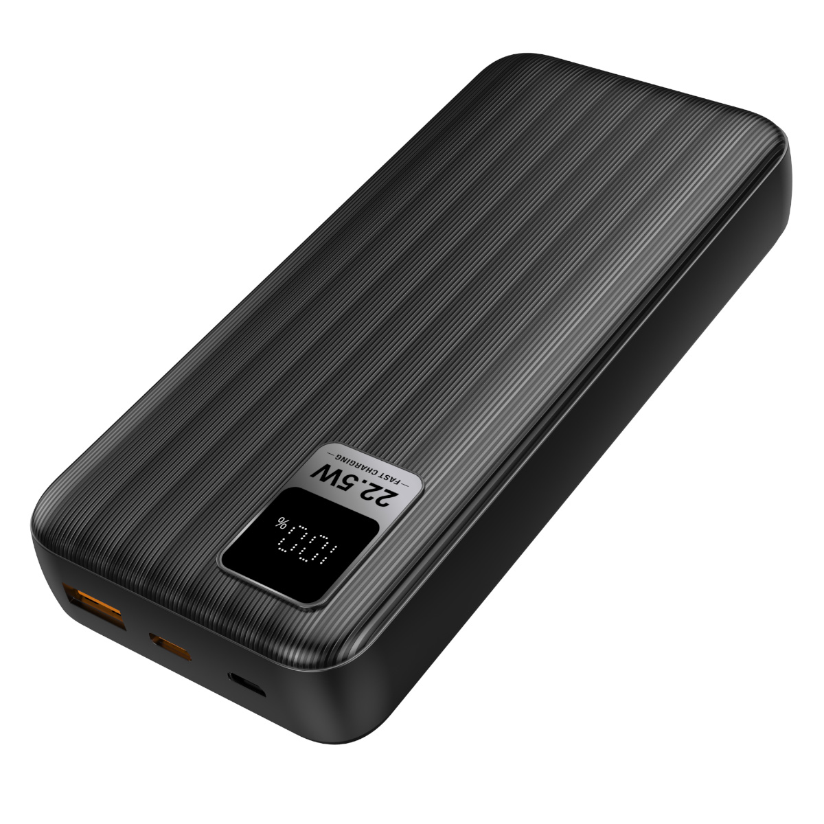 Siyah, nervürlü dokulu powerbank, 22,5W hızlı şarj, %100 pil.