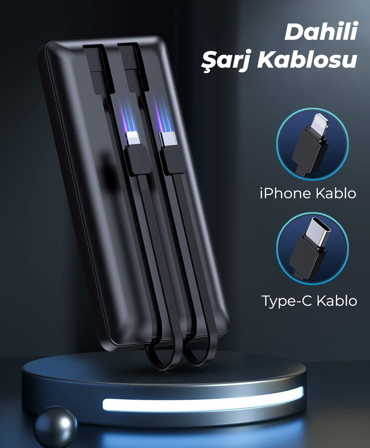 Dahili iPhone ve Type-C şarj kablolarına sahip siyah powerbank.
