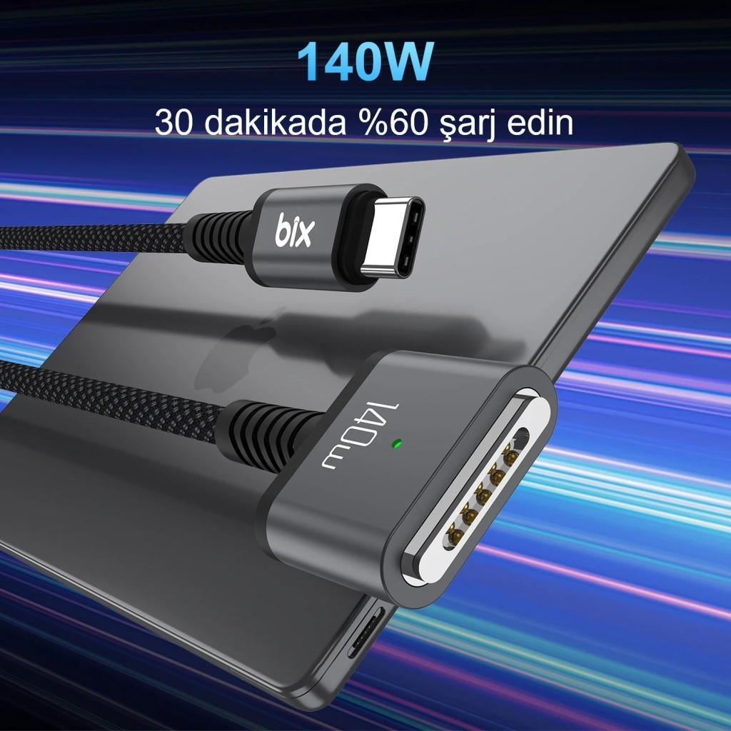 Gri bir akıllı telefonda USB-C kablosu ve manyetik şarj adaptörü.