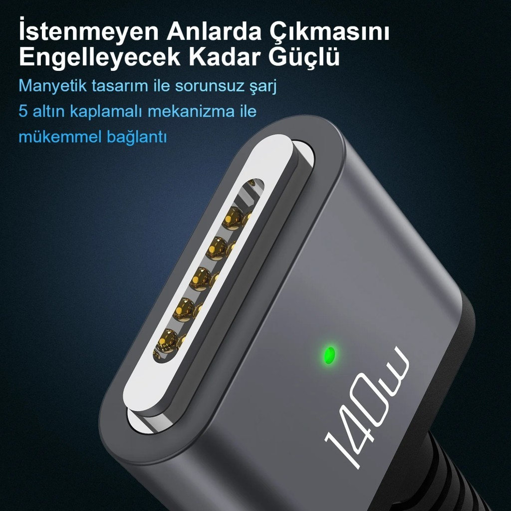 Altın pinli ve 140W işaretli gri USB-C konektör.