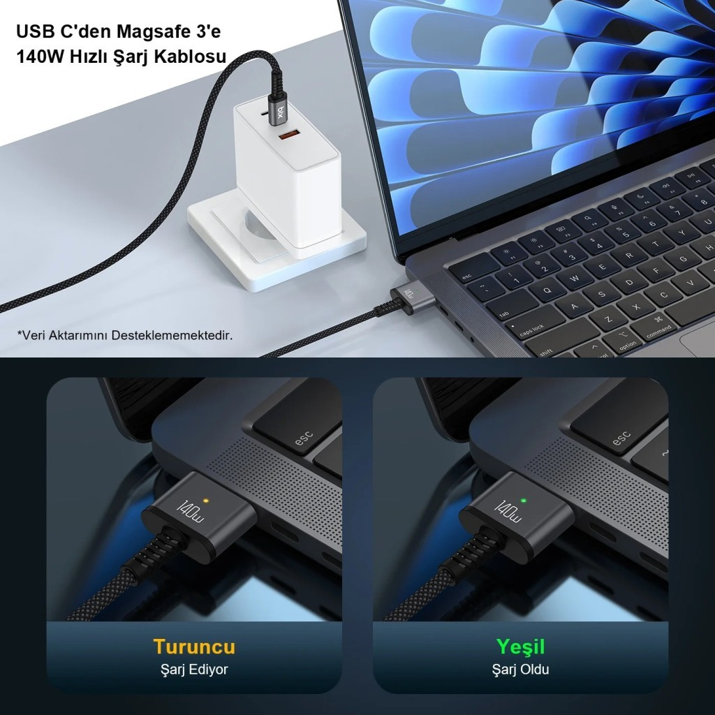 USB-C'den MagSafe 3'e 140W kablo laptopu şarj ediyor. Turuncu gösterge.
