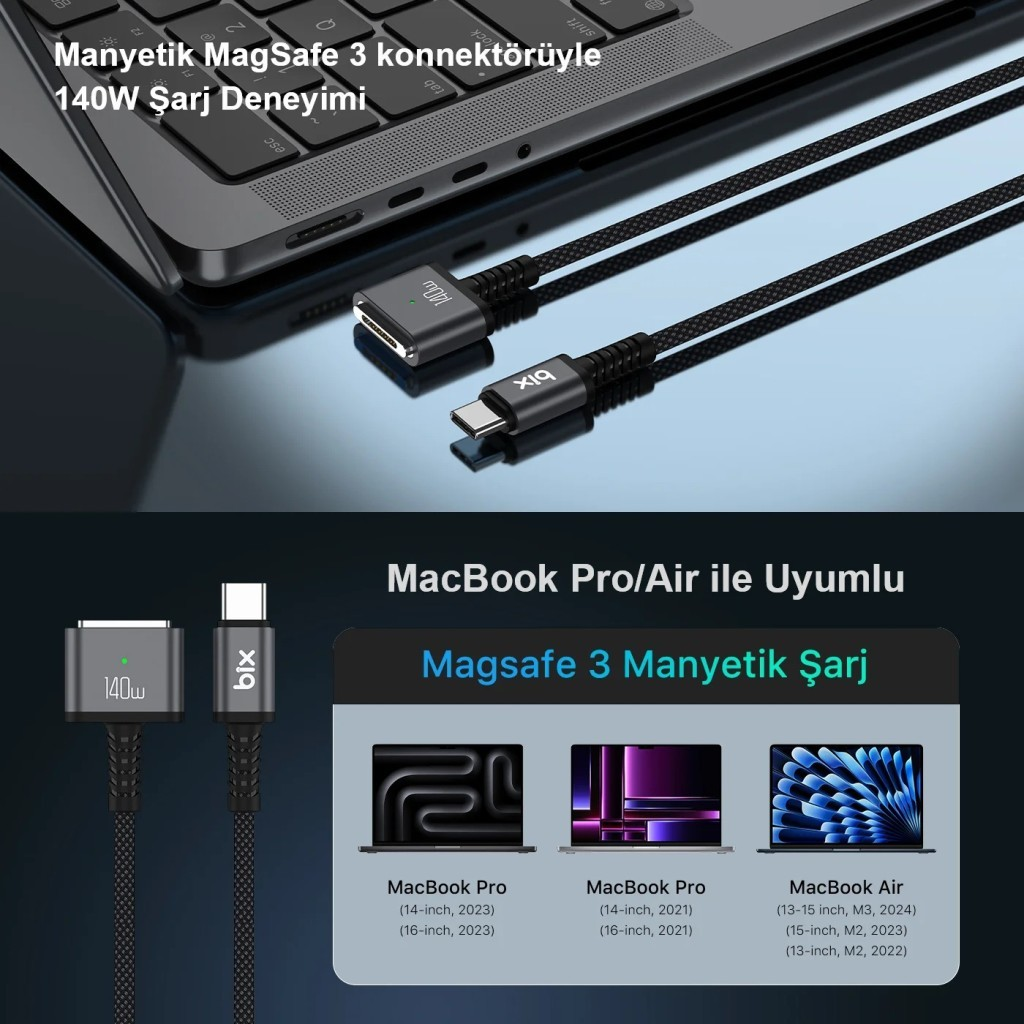 140W MagSafe 3 şarj kablosu, USB-C bağlantılı, MacBook'larla uyumlu.