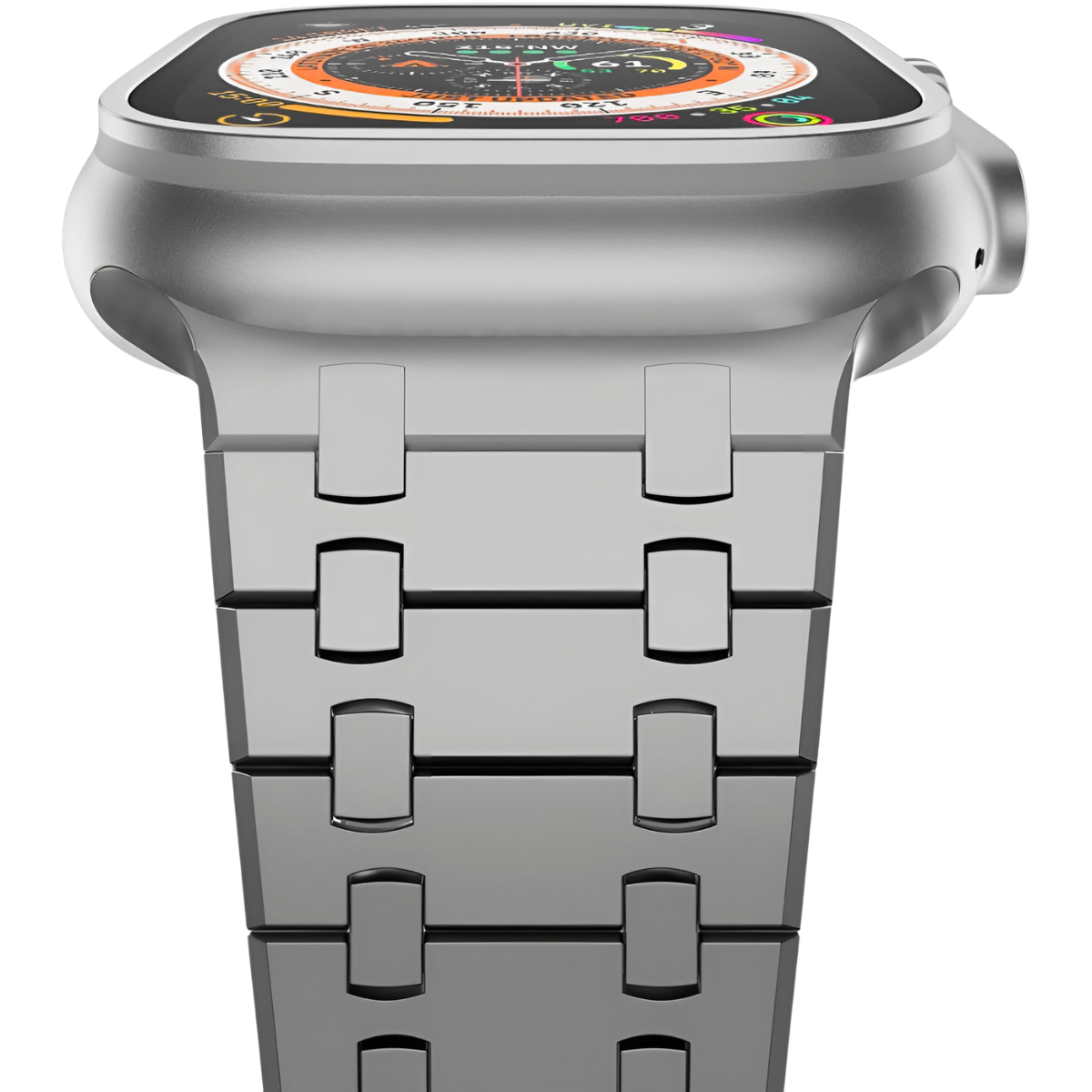 Silberne Smartwatch mit Metallarmband, die ein buntes digitales Zifferblatt anzeigt.