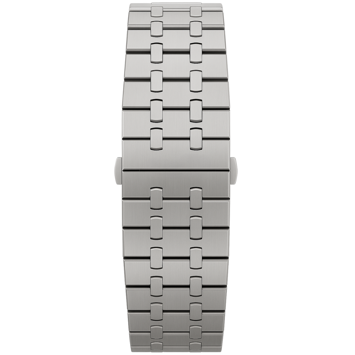 Ein silbernes Uhrenarmband mit einem Gliederdesign auf weißem Hintergrund.