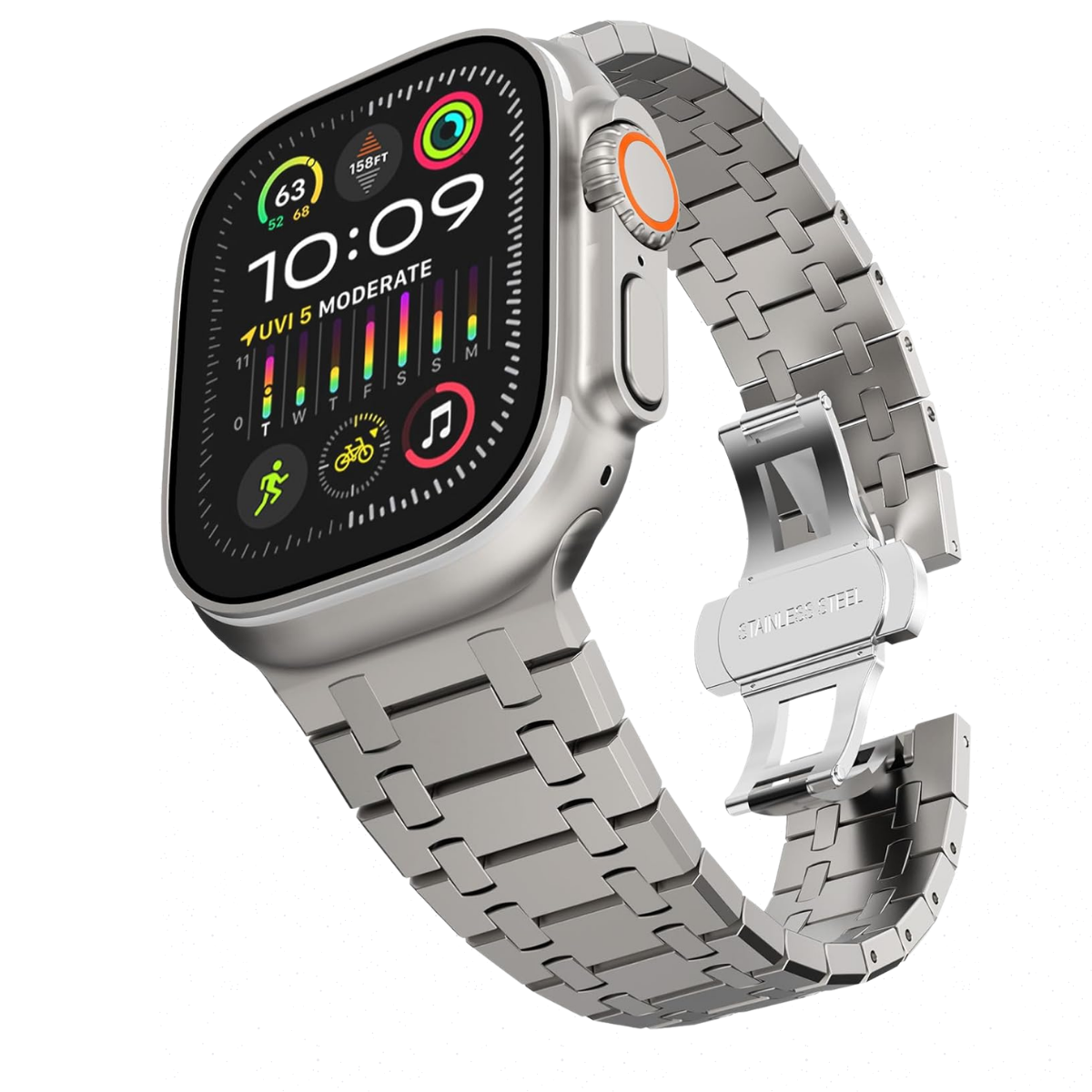 Eine silberne Smartwatch mit einem Metallarmband und einem digitalen Zifferblatt.