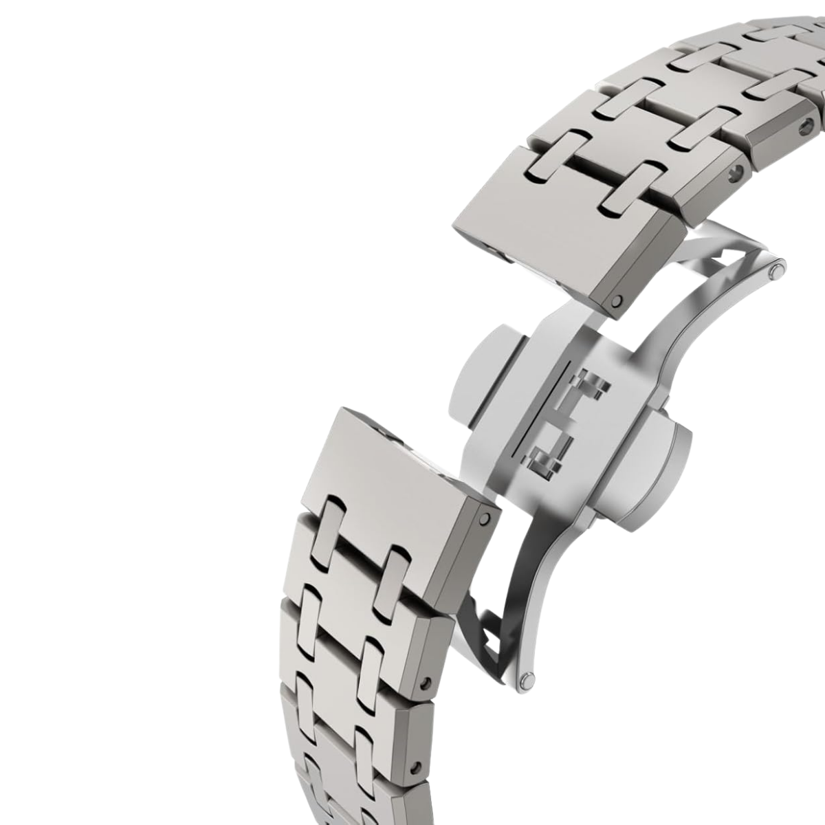Ein silbernes Uhrenarmband mit offenem Verschluss, auf weißem Hintergrund.