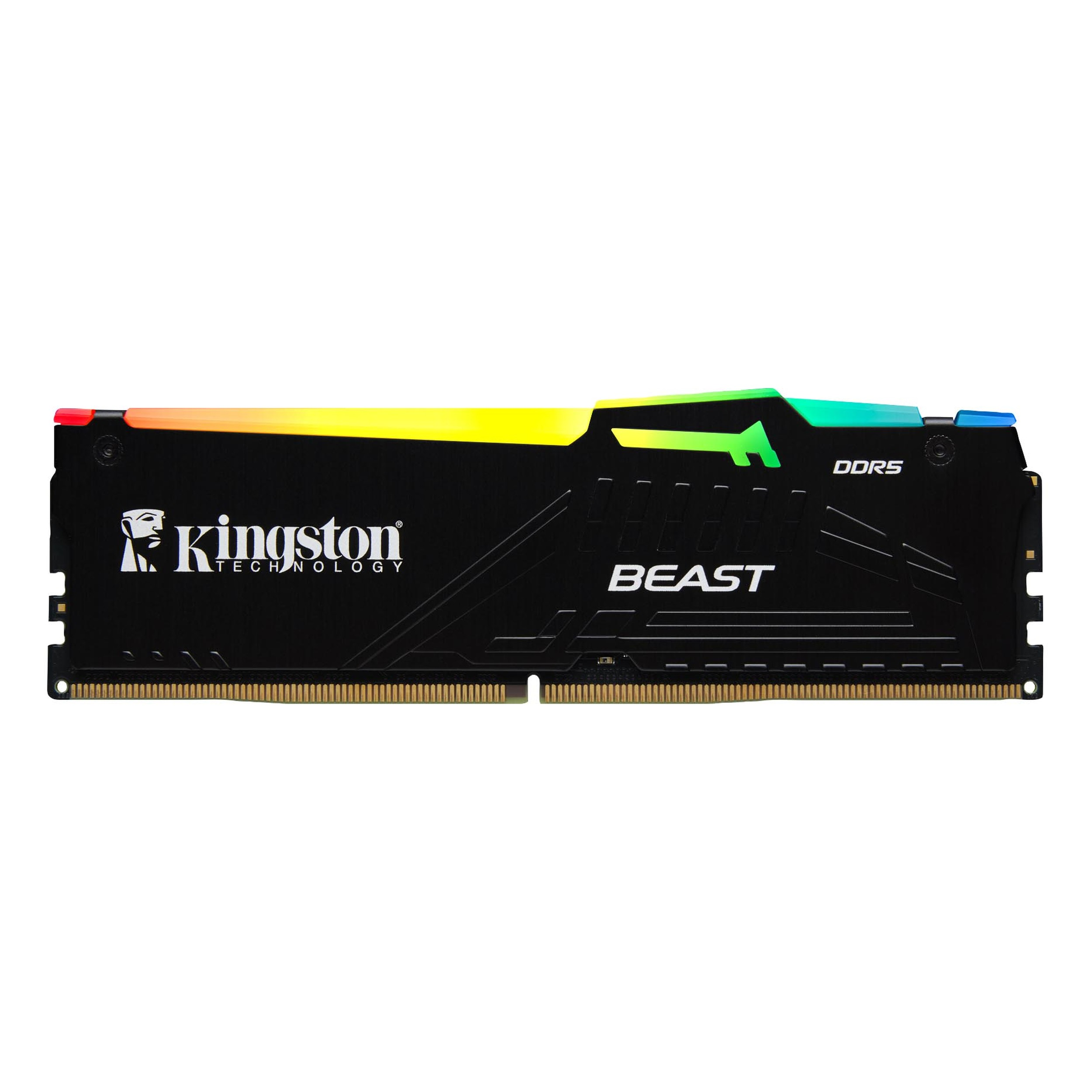Kingston logolu, RGB aydınlatmalı siyah DDR5 RAM.