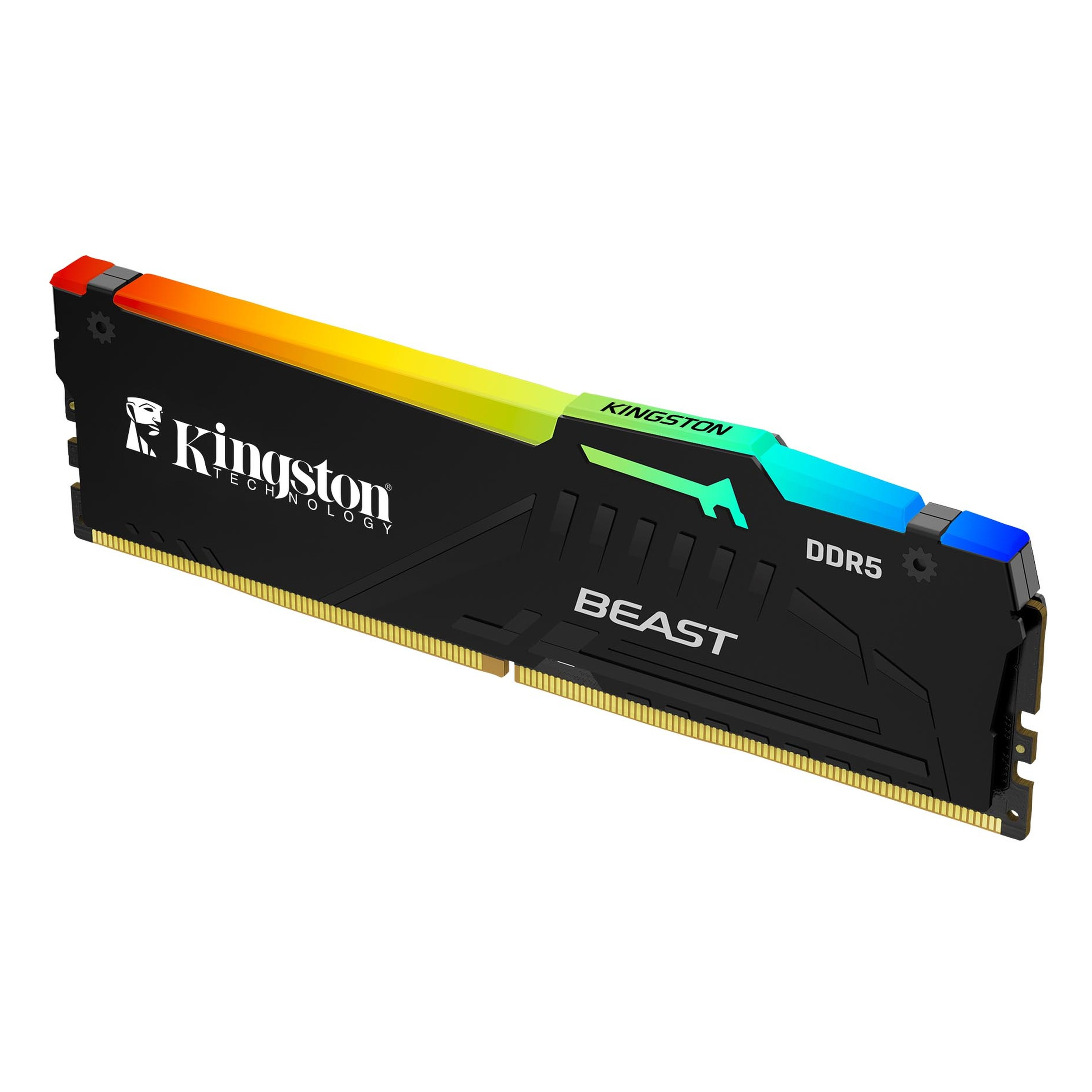 Kingston logosu ve RGB aydınlatmalı siyah bir DDR5 RAM.