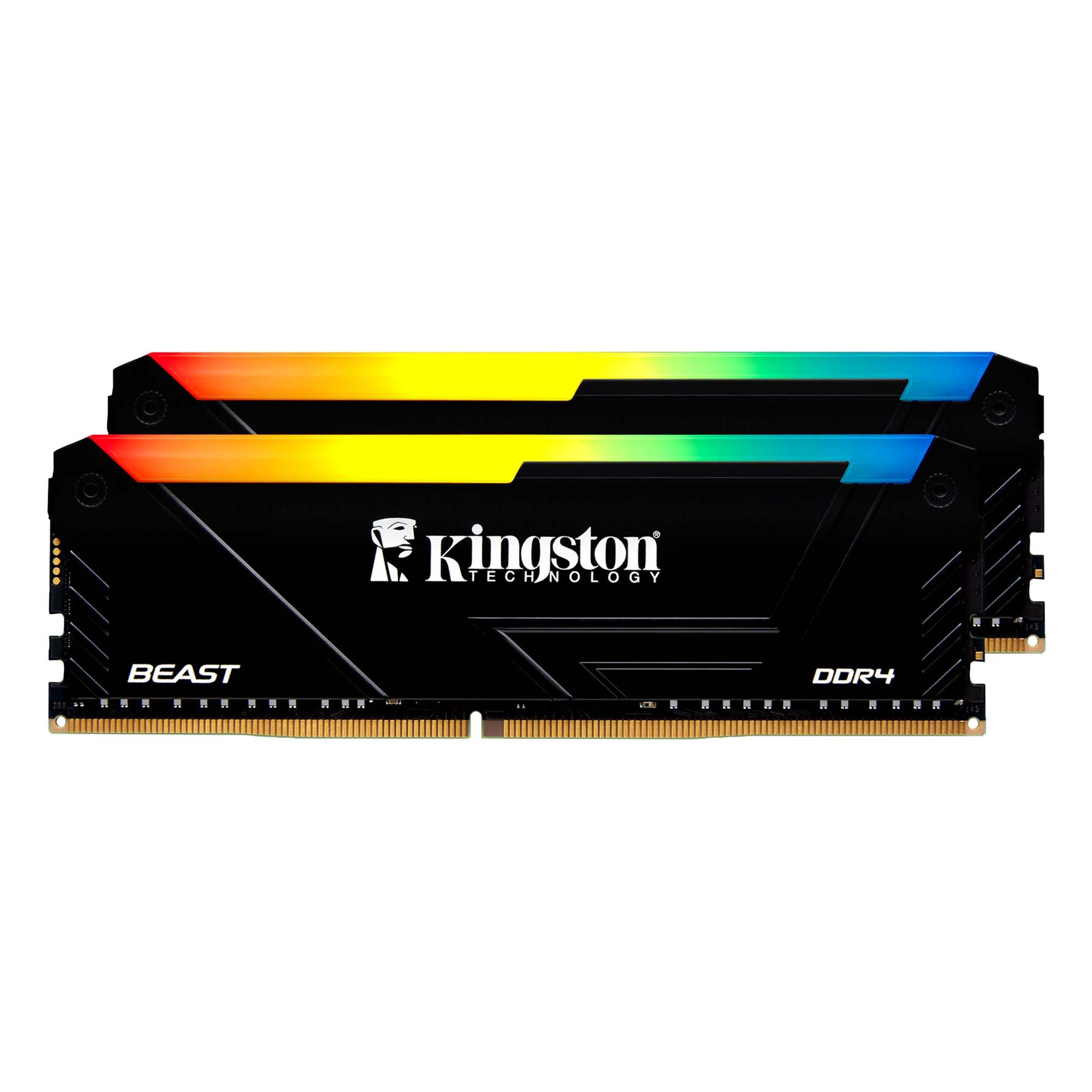 Gökkuşağı renkli RGB aydınlatmalı iki siyah Kingston DDR4 RAM modülü.