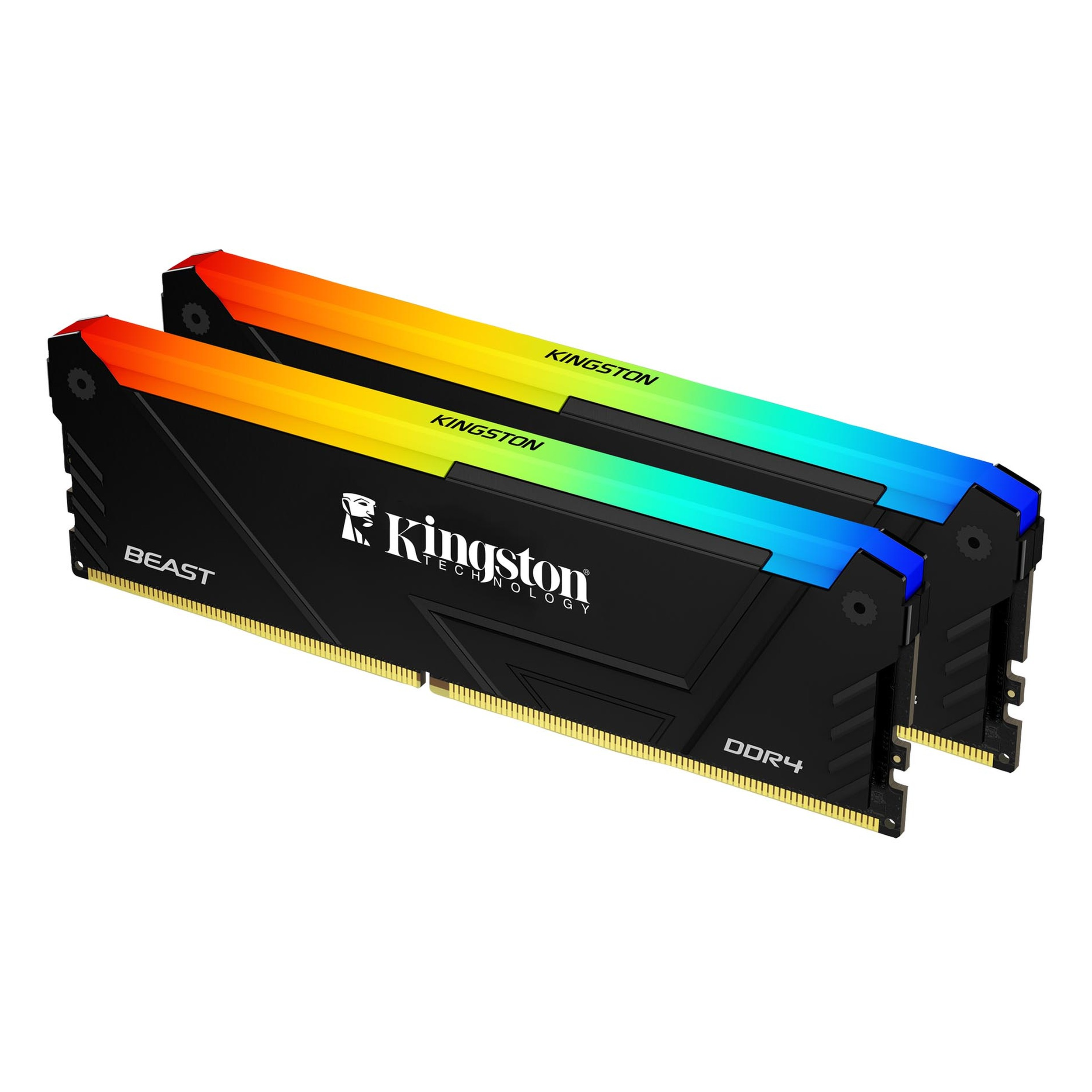 Sarı, turuncu ve mavi RGB aydınlatmalı iki siyah DDR4 RAM modülü.