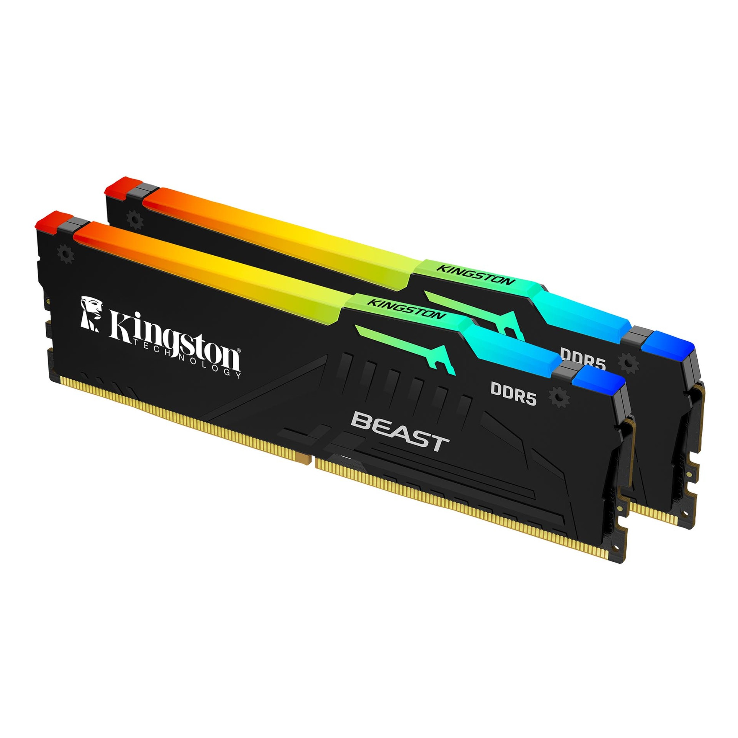 Sarı, yeşil ve mavi RGB aydınlatmalı iki siyah Kingston DDR5 RAM modülü.