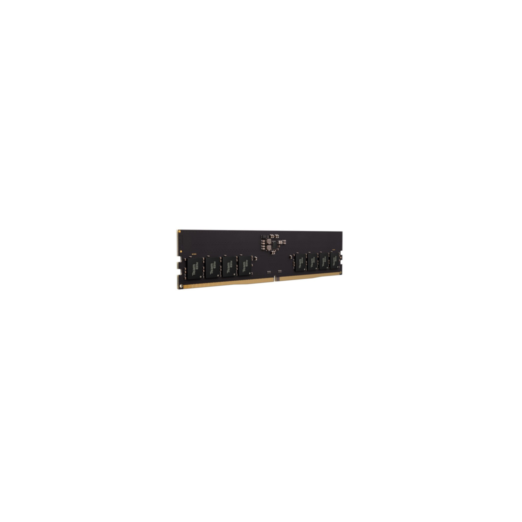 Un module RAM noir avec contacts et puces dorés.