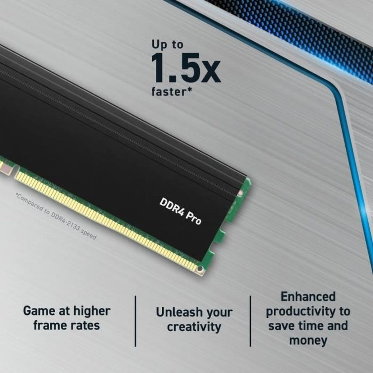 Ein schwarzer DDR4 Pro RAM-Riegel mit "Bis zu 1.5x schneller" Aufschrift.